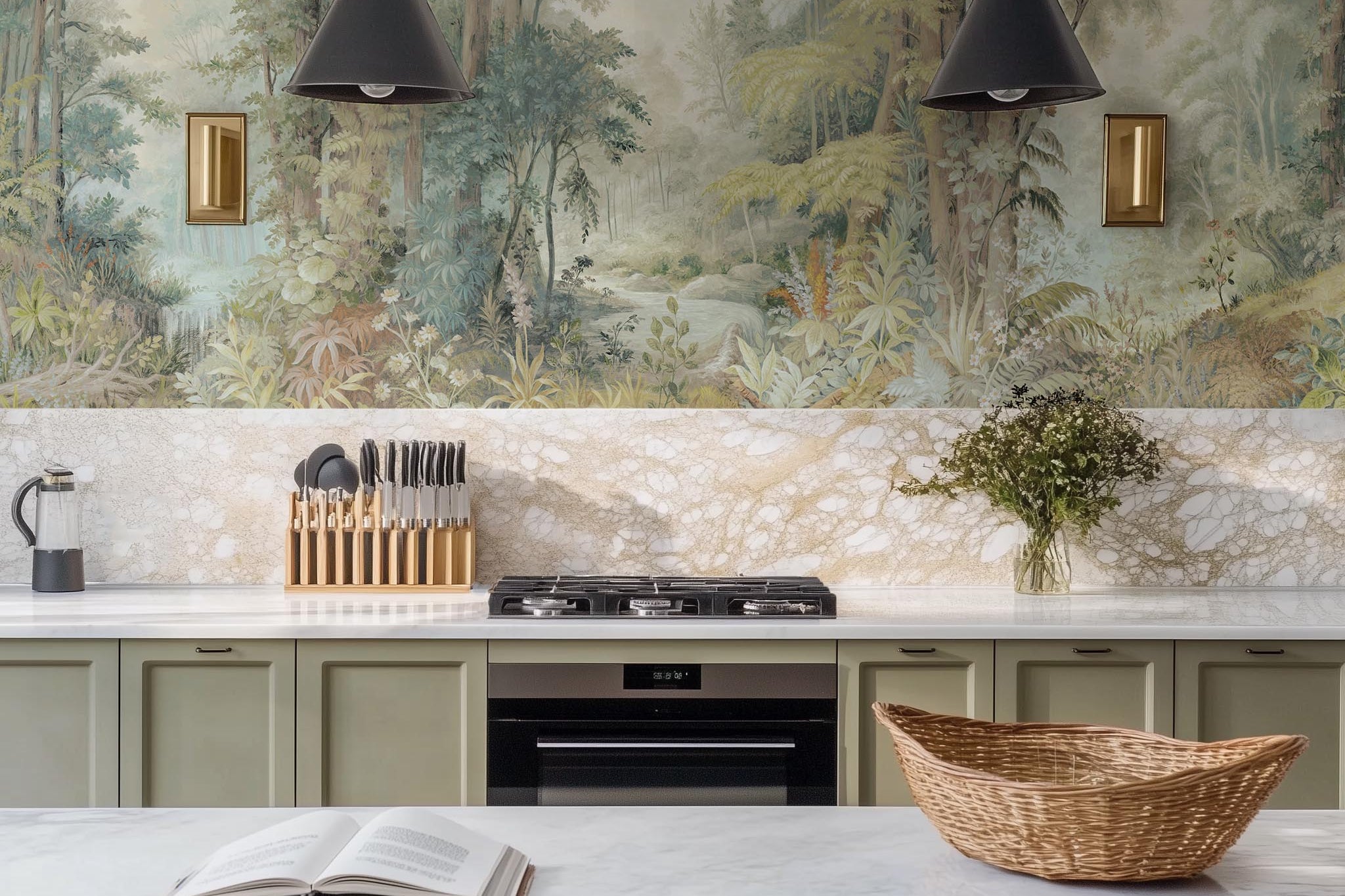 A cropped view of kitchen featuring a panoramic vinyl wallpaper mural of an airy woodland in sage, yellow, and mist.