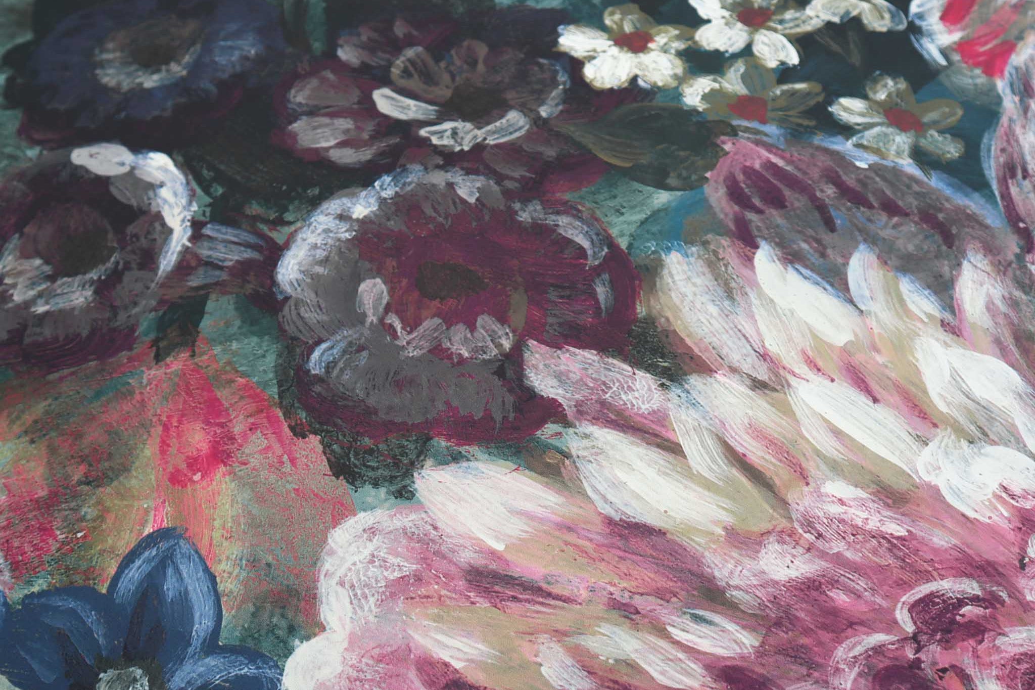 Close-up of a moody floral mural, featuring jewel tones and soft blooms on a matte uncoated substrate.