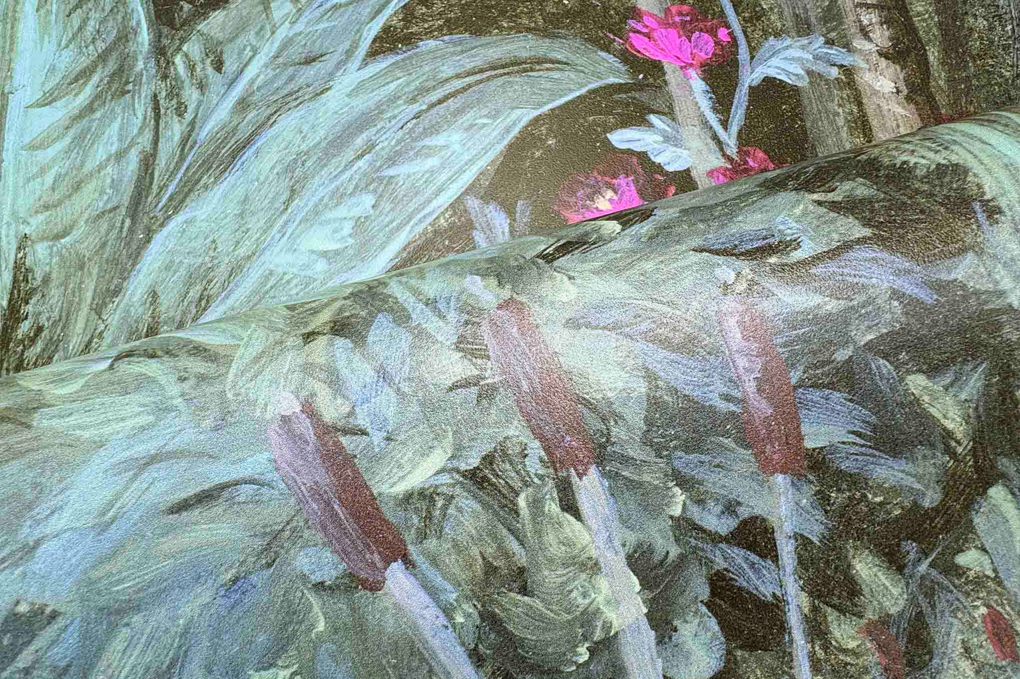 Close-up of a bespoke tropical mural featuring lush green foliage and vibrant pink flowers, printed on durable vinyl.