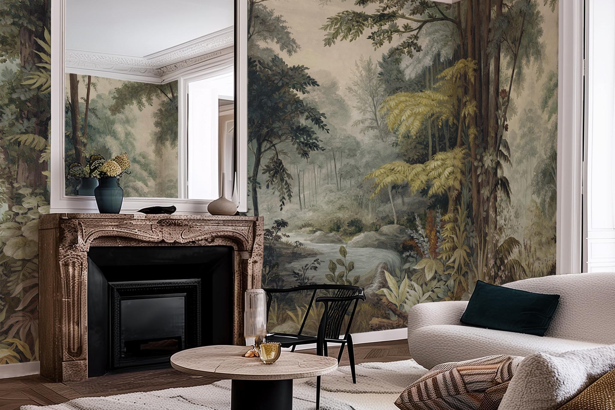 An interior living room featuring a panoramic matte wallpaper mural of a misty woodland in sage and ochre.