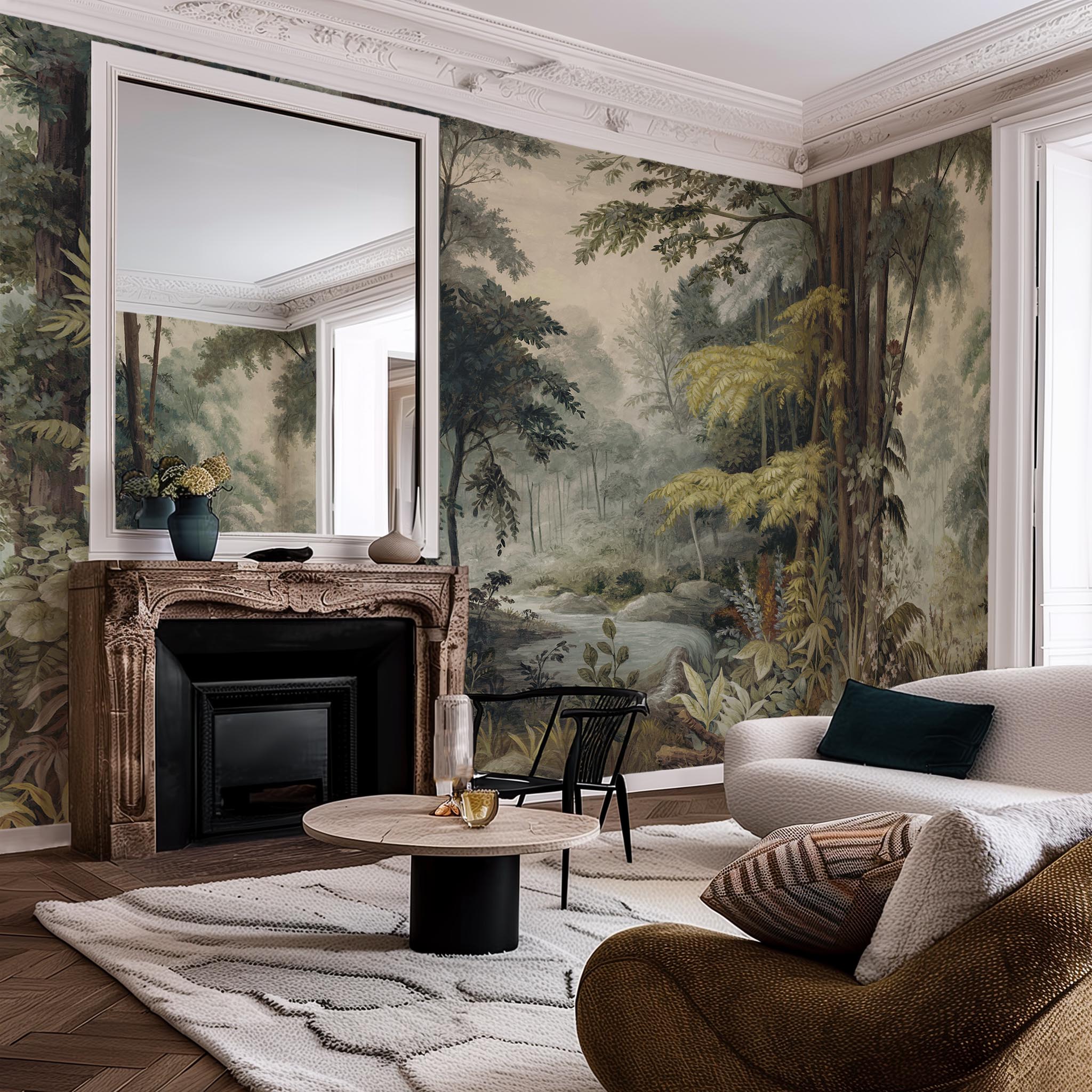 An interior living room featuring a panoramic matte wallpaper mural of a misty woodland in sage and ochre.