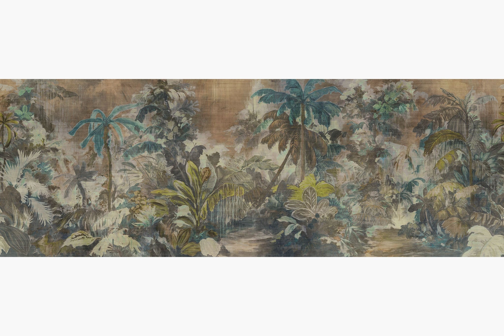 Artwork of a panoramic wallpaper mural featuring a moody jungle scene with lush foliage in teal and ochre tones.