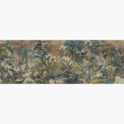Artwork of a panoramic wallpaper mural featuring a moody jungle scene with lush foliage in teal and ochre tones.