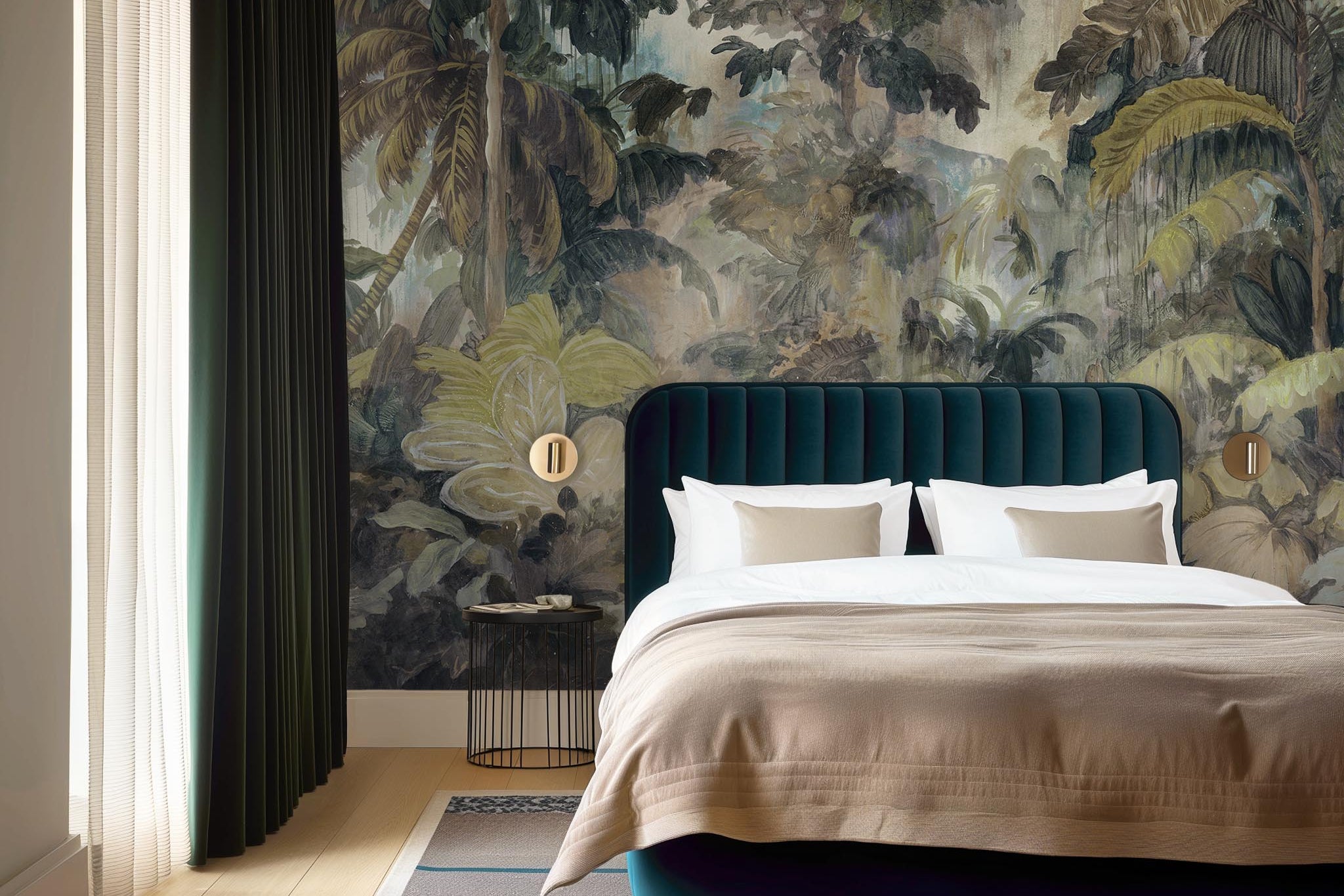 An interior bedroom featuring a panoramic matte wallpaper mural of a tropical scene in sage and parchment.