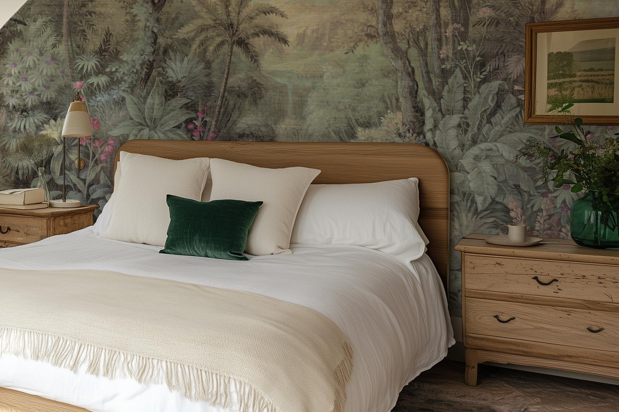 A cropped view of bedroom featuring a panoramic grasscloth wallpaper mural of a tropical paradise in cool greens and blushes.