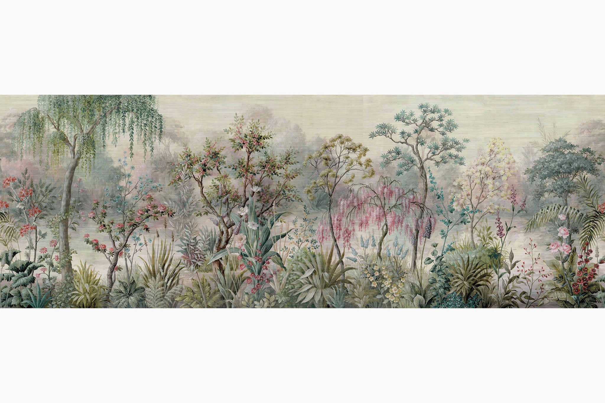 Artwork of a panoramic wallpaper mural featuring a fresh garden landscape in soft mint, blush pink, and spring green.