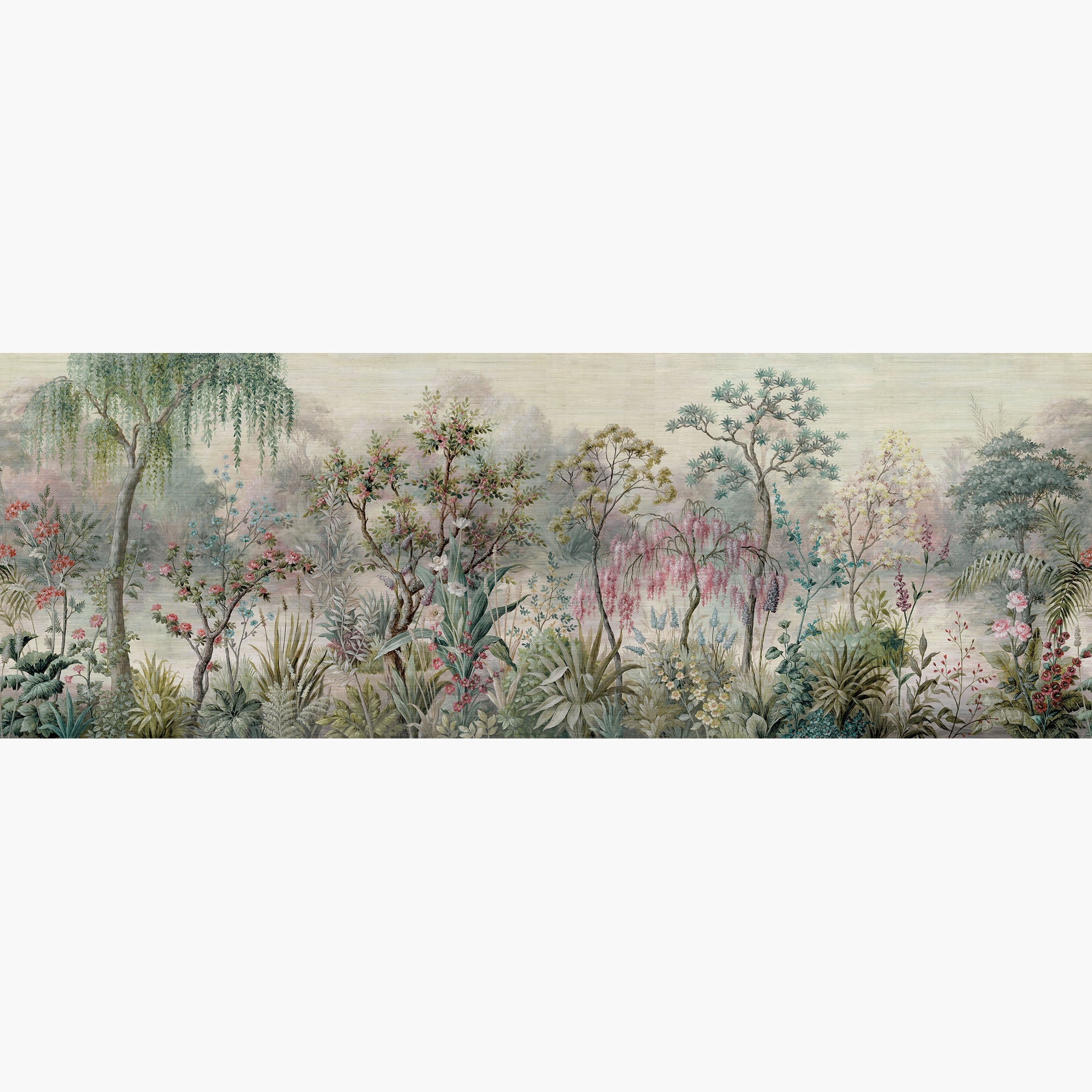 Artwork of a panoramic wallpaper mural featuring a fresh garden landscape in soft mint, blush pink, and spring green.