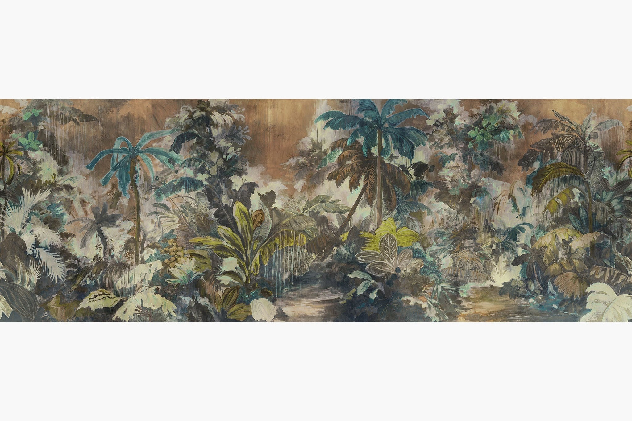 Artwork of a panoramic wallpaper mural featuring a moody jungle scene with lush foliage in teal and ochre tones.