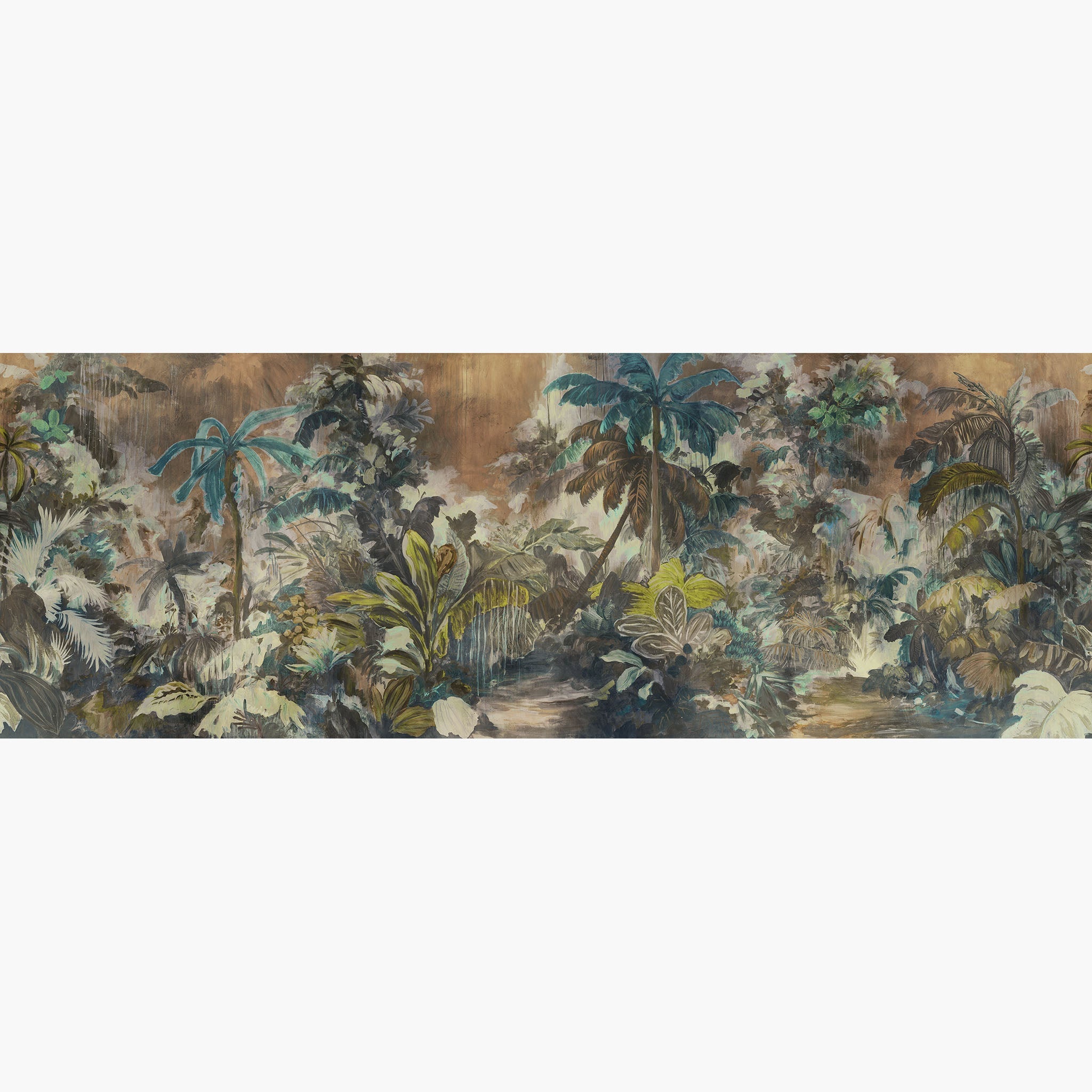Artwork of a panoramic wallpaper mural featuring a moody jungle scene with lush foliage in teal and ochre tones.