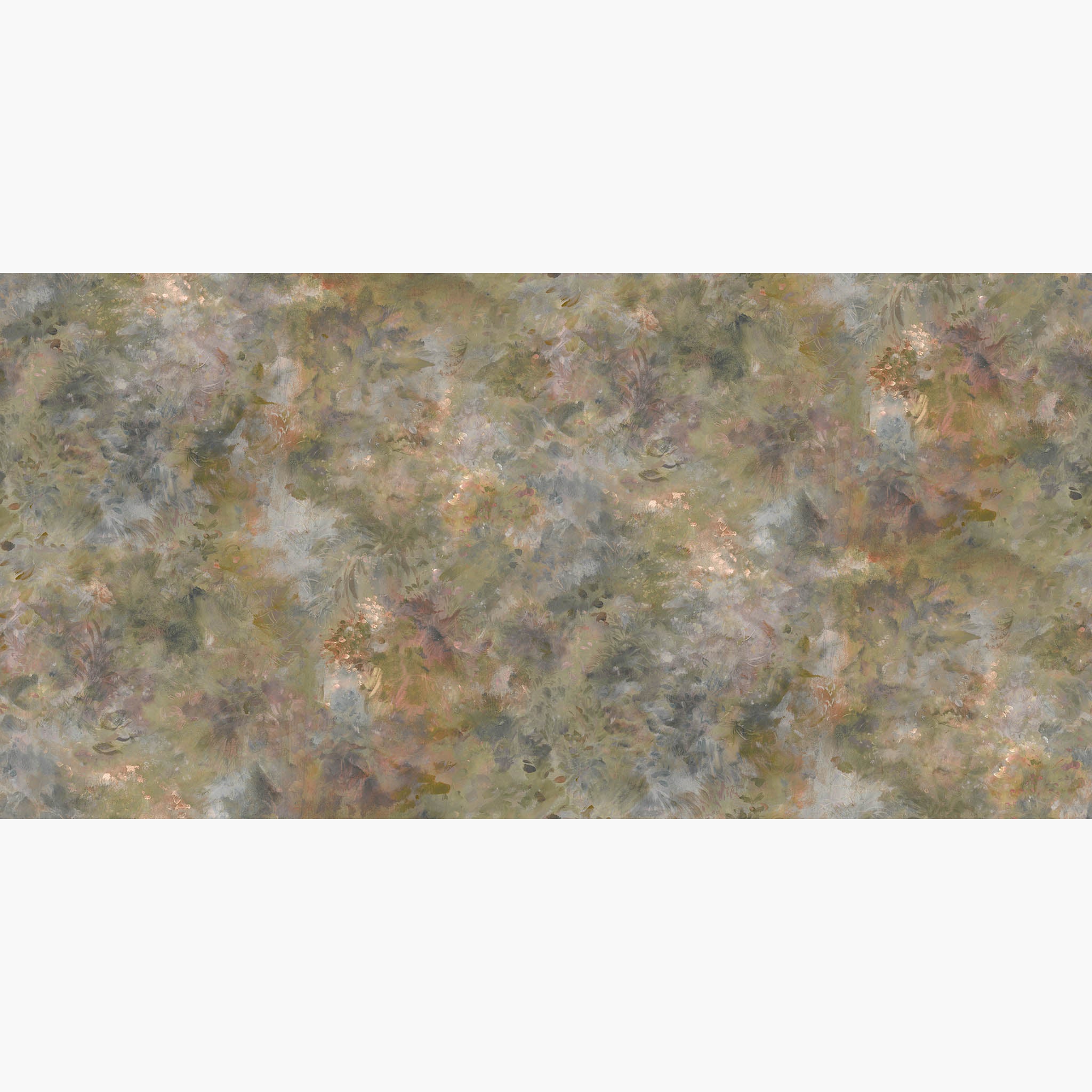 Artwork of a panoramic wallpaper mural featuring muted panoramic interior mural with botanical washes and shadows.