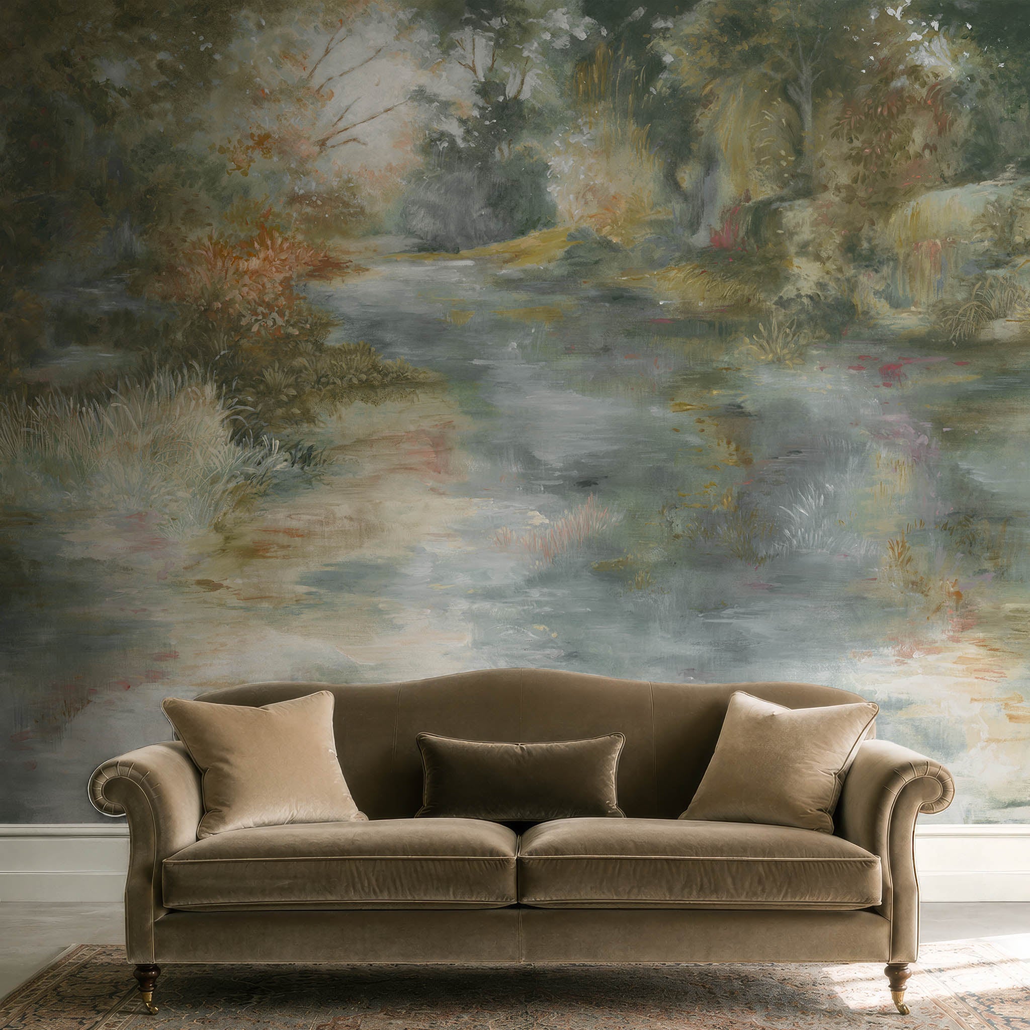A cropped view of a living room featuring a panoramic pearlescent wallpaper mural of softly shaded panoramic green mural.