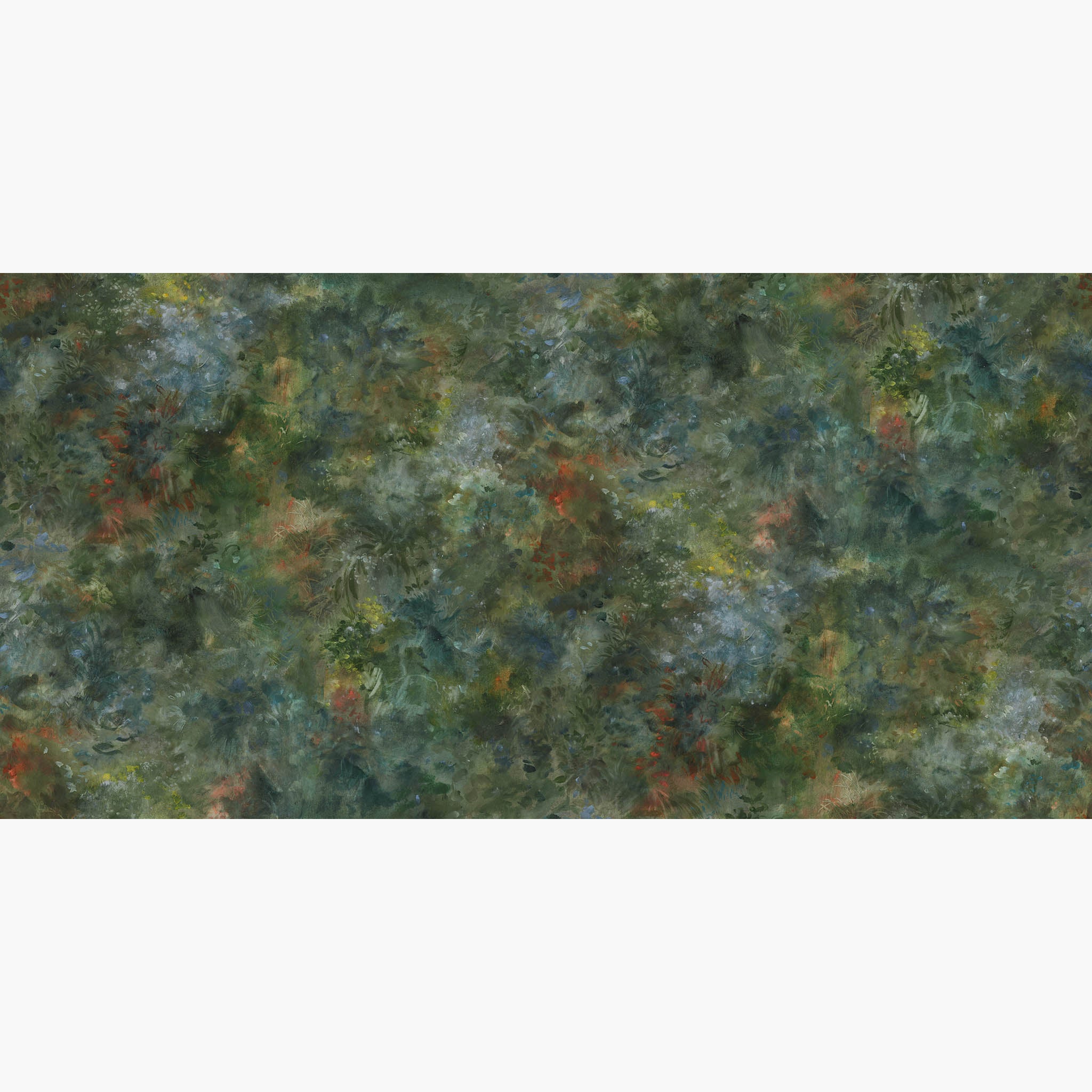 Artwork of a panoramic wallpaper mural featuring moody nettle-green panoramic mural with sage, charcoal, rust accents.