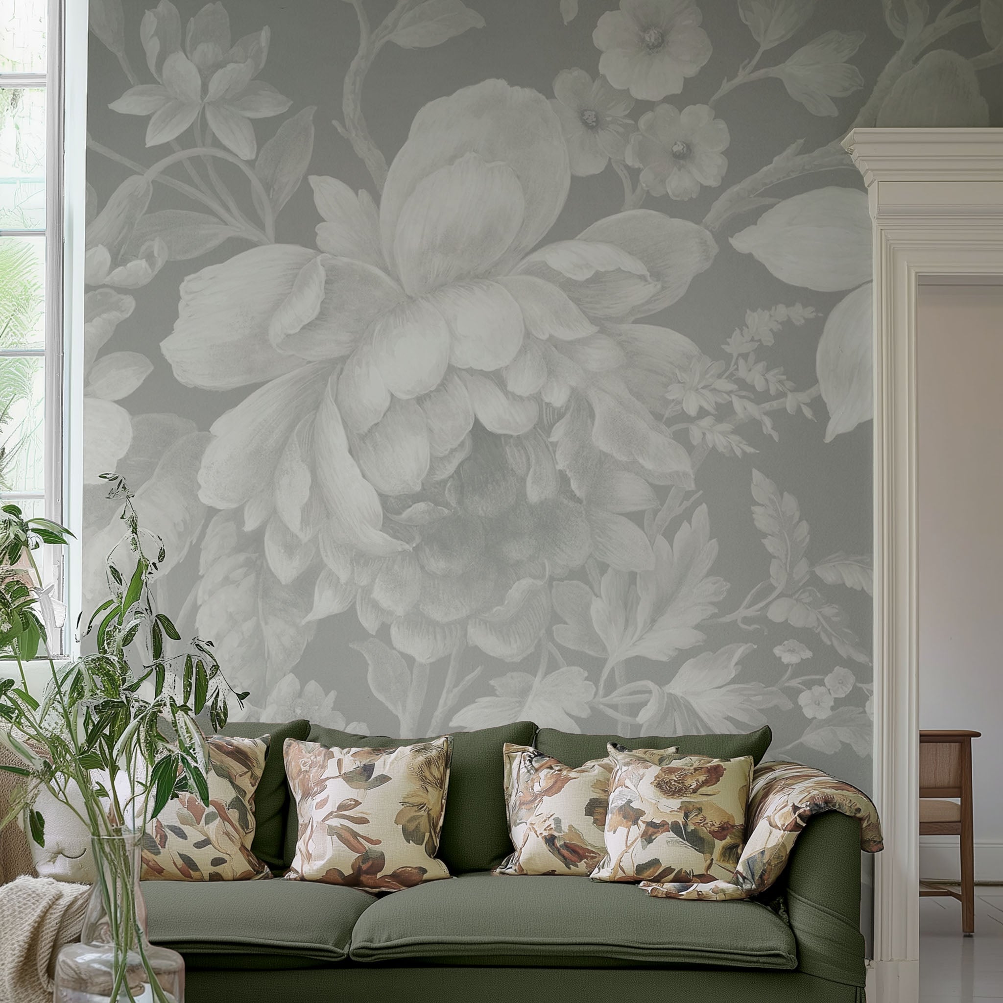 A cropped view of living room featuring a panoramic matte wallpaper mural of misty whites on dove grey floral