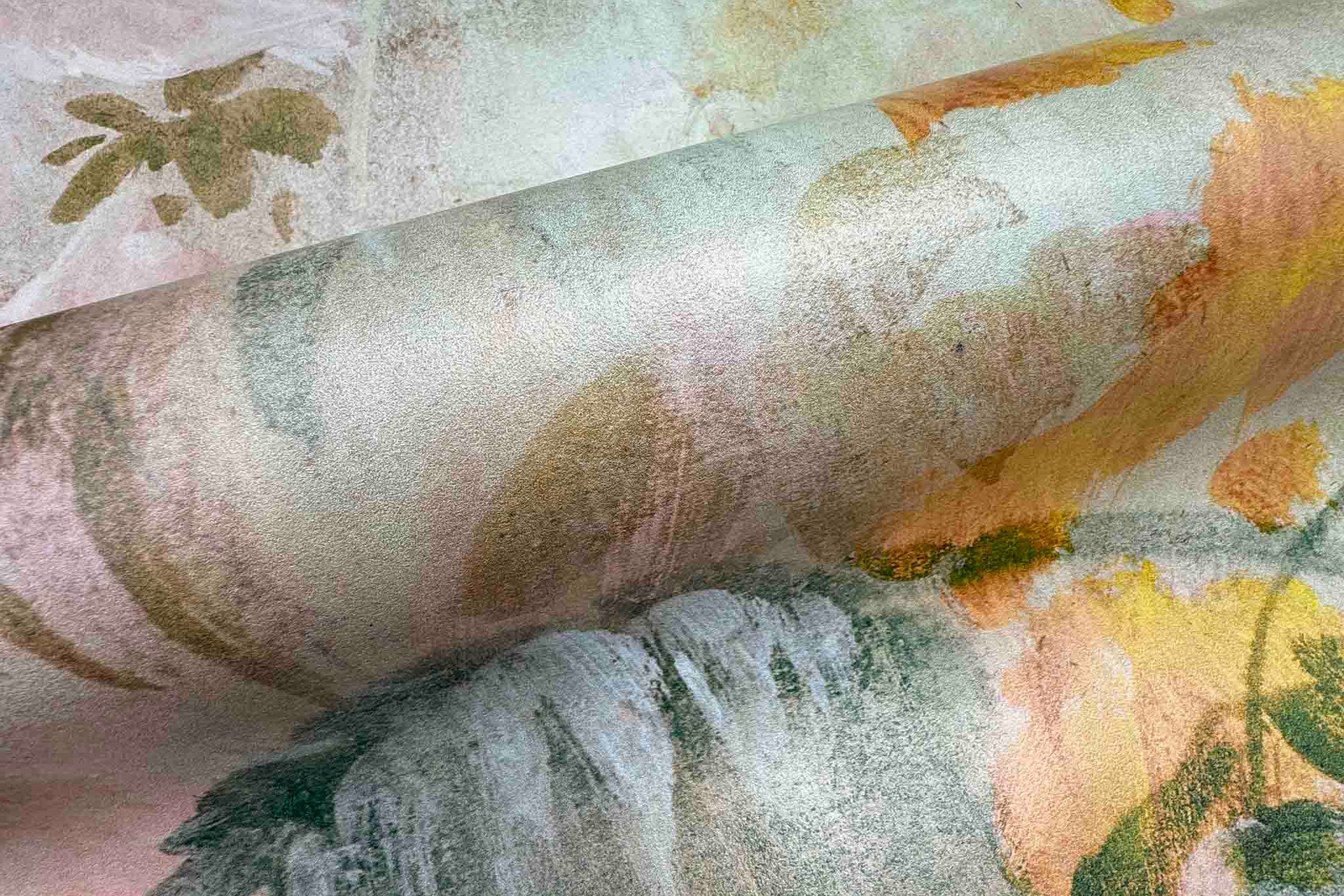 Close-up of a bespoke hand-painted wallpaper mural featuring soft pastels and abstract floral motifs printed on vinyl.
