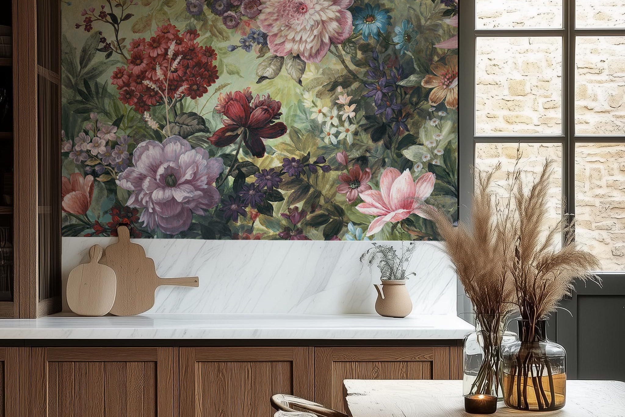 A cropped view of kitchen featuring a panoramic vinyl wallpaper mural of a floral tapestry in rich jewel tones.