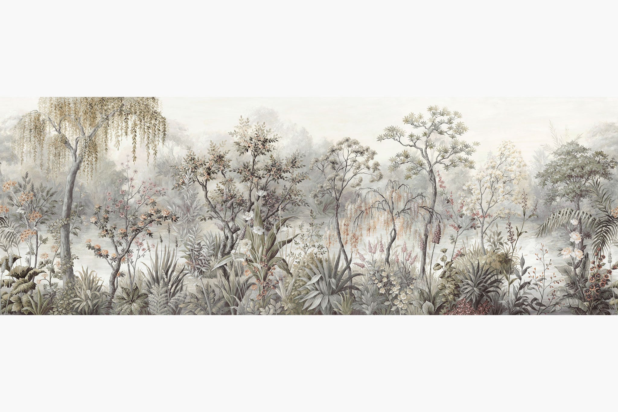 Artwork of a panoramic wallpaper mural featuring a delicate lakeside scene in soft greys, muted greens, and peach tones.