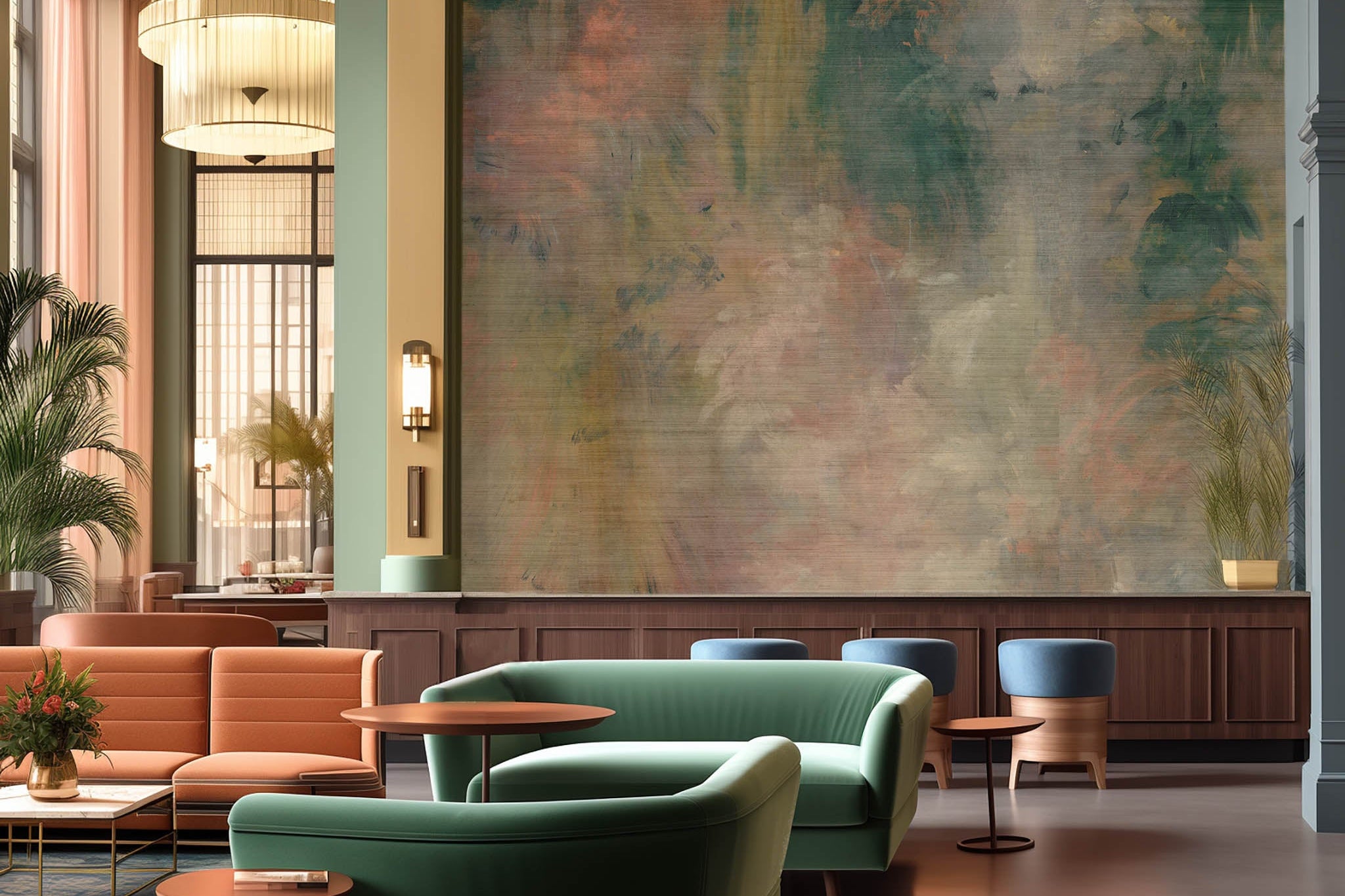 An interior lobby area featuring a panoramic grasscloth wallpaper mural of an abstract haze in green and blush.