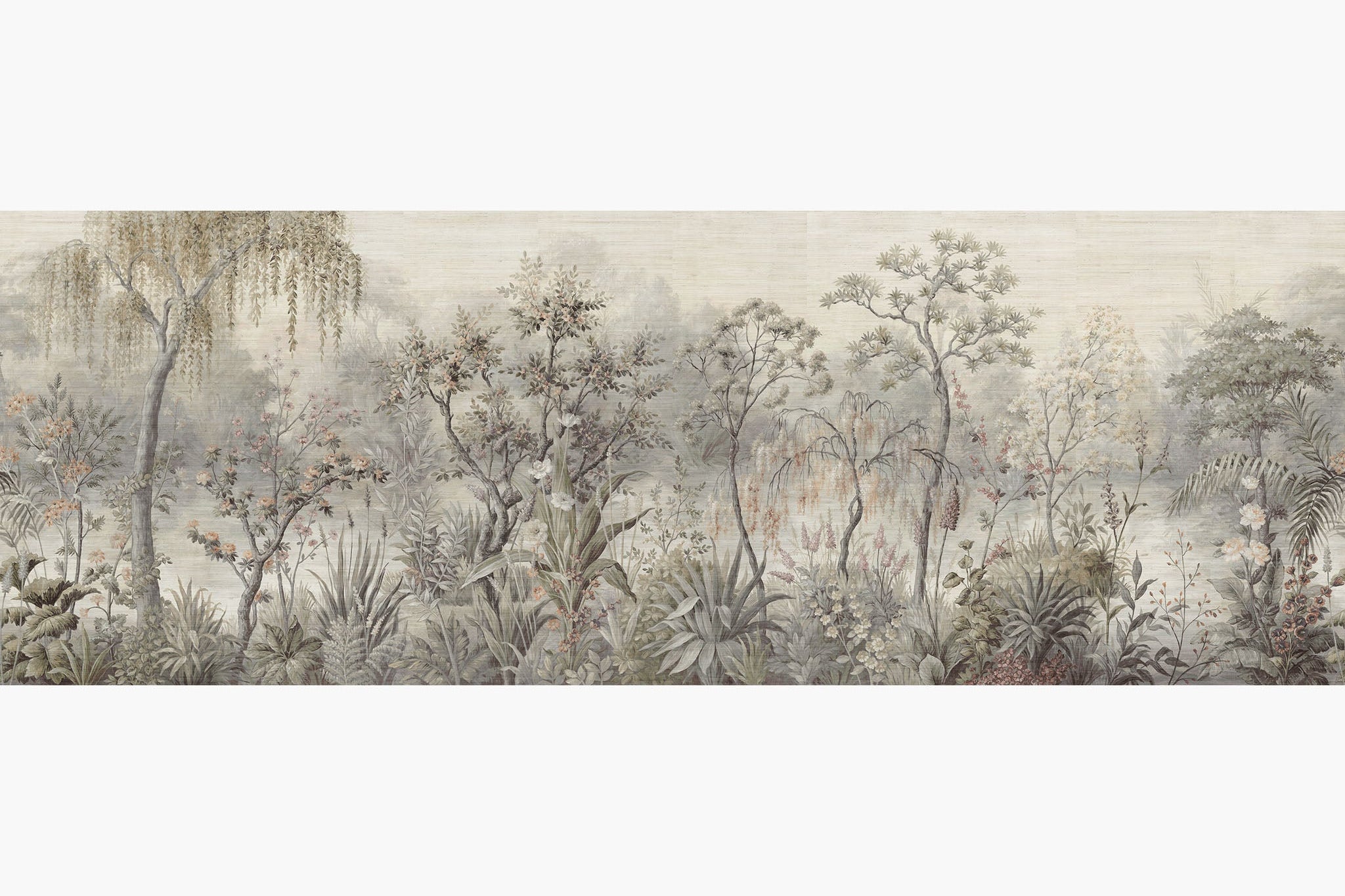 Artwork of a panoramic wallpaper mural featuring a delicate lakeside scene in soft greys, muted greens, and peach tones.