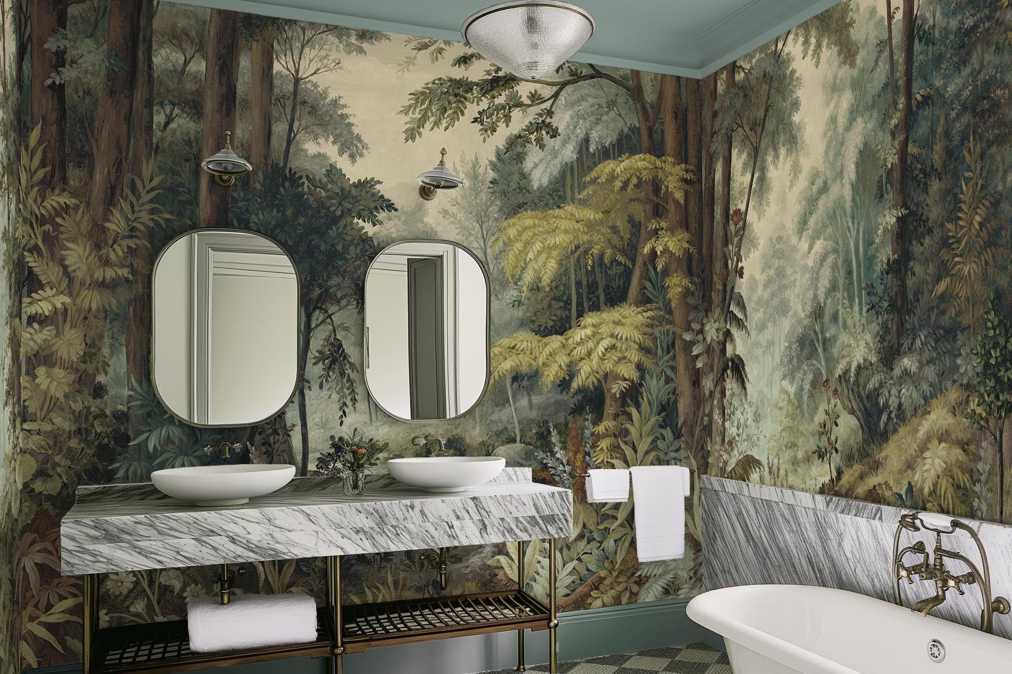 An interior bathroom featuring a panoramic vinyl wallpaper mural of a misty woodland in sage and ochre.