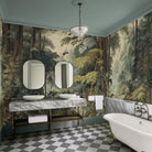 An interior bathroom featuring a panoramic vinyl wallpaper mural of a misty woodland in sage and ochre.