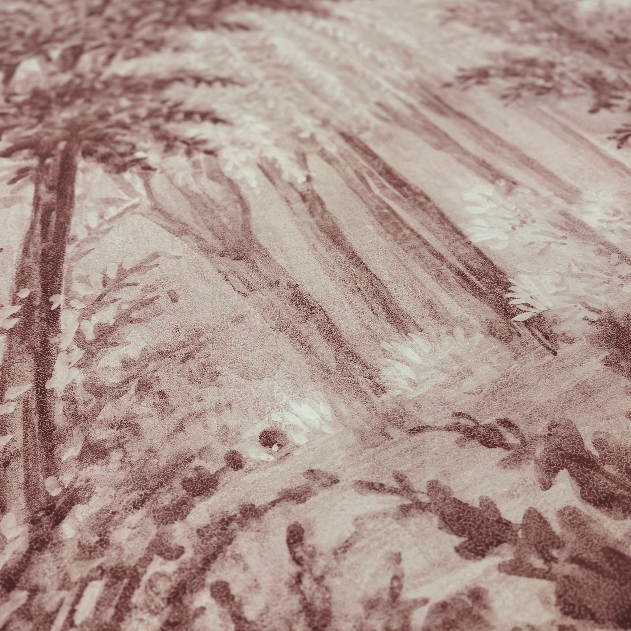 A close up view showing the detail of a matte wallpaper mural which features rose forest