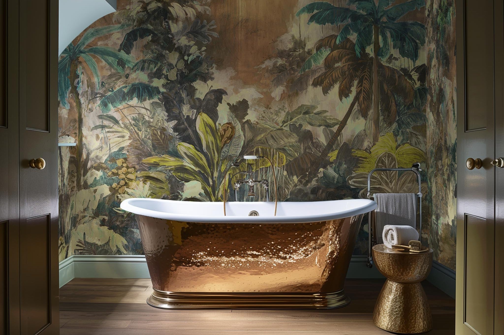 An interior bathroom featuring a panoramic vinyl wallpaper mural of a moody jungle in teal and ochre.