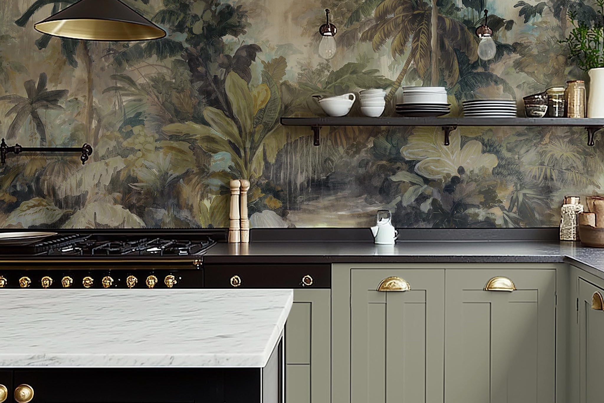 A cropped view of kitchen featuring a panoramic vinyl wallpaper mural of a tropical scene in sage and parchment.