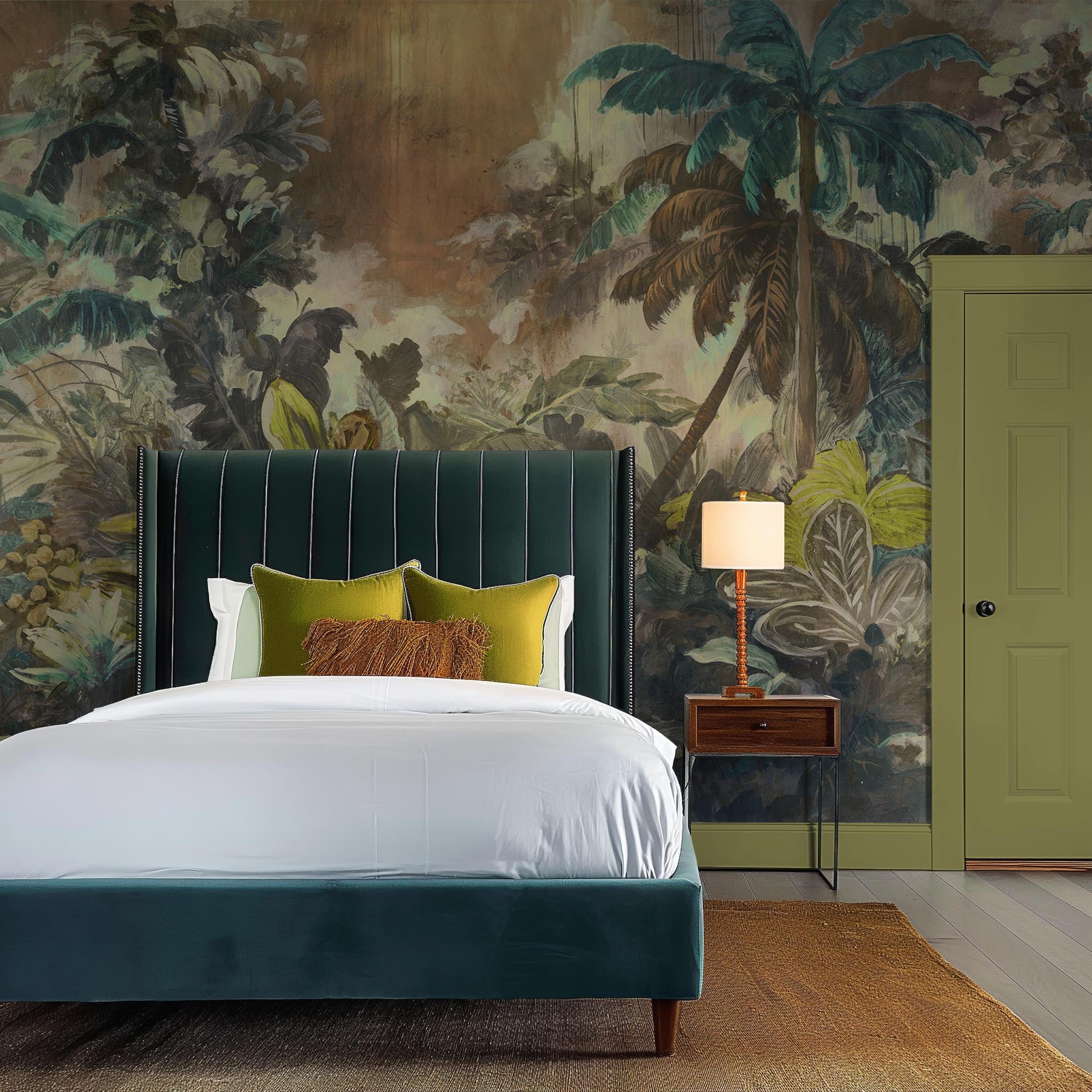 An interior bedroom featuring a panoramic matte wallpaper mural of a moody jungle in teal and ochre.