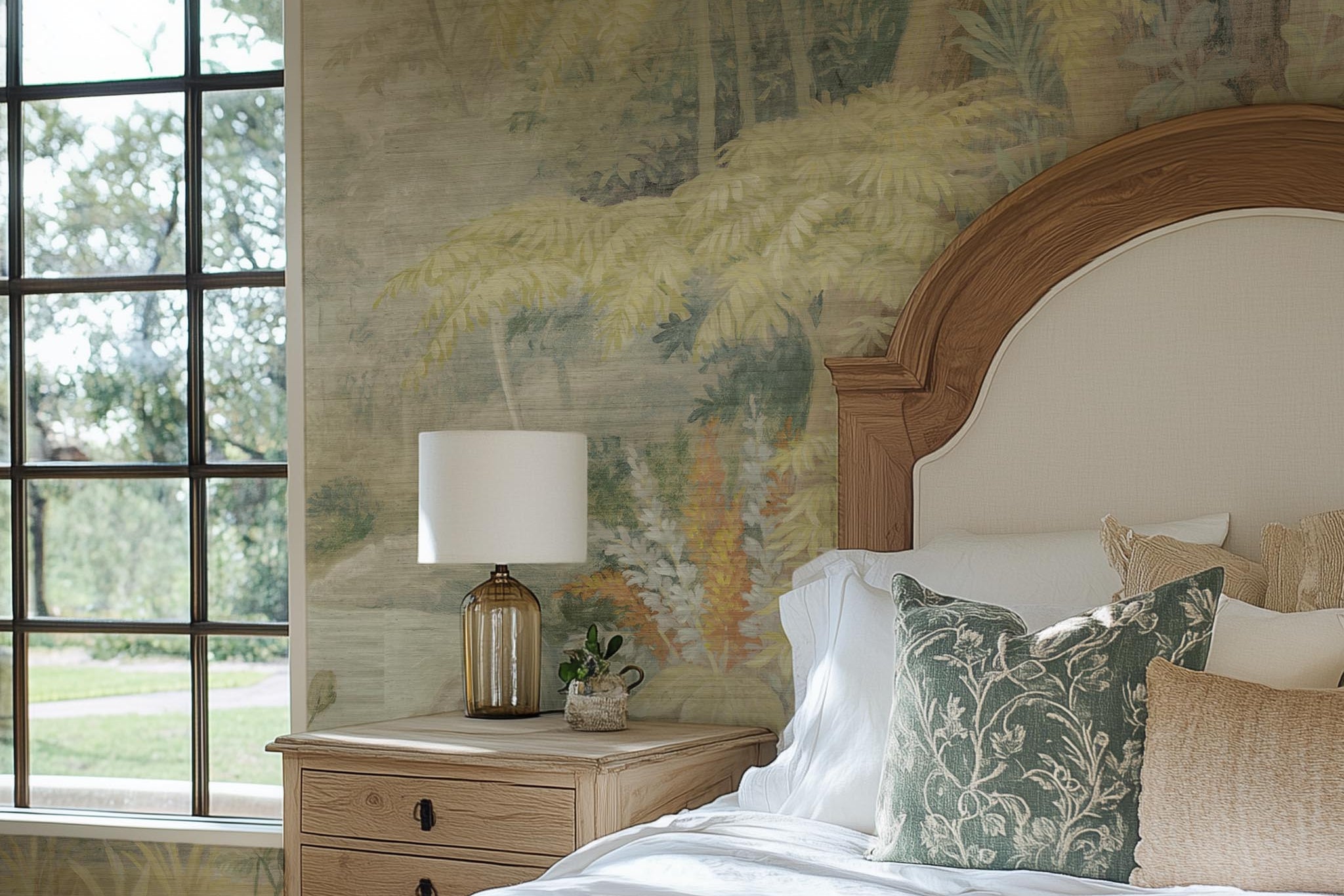 A cropped view of bedroom featuring a panoramic grasscloth wallpaper mural of an airy woodland in sage, yellow, and mist.