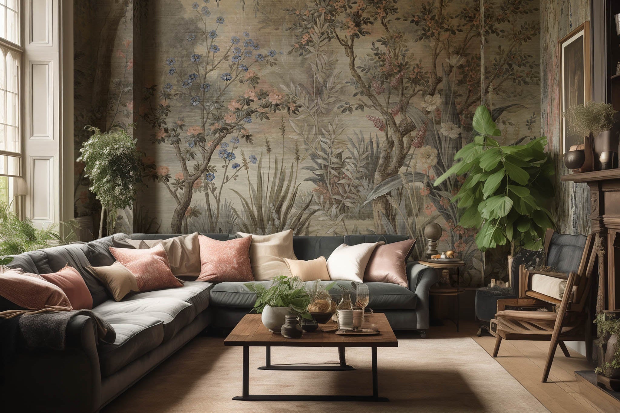 An interior living room featuring a panoramic grasscloth wallpaper mural of a lakeside scene in vintage tones.