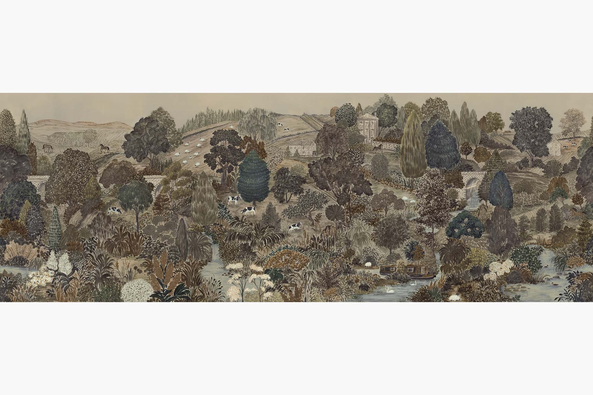 Artwork of a panoramic wallpaper mural featuring a sweeping countryside view in deep olive, slate, and ash tones