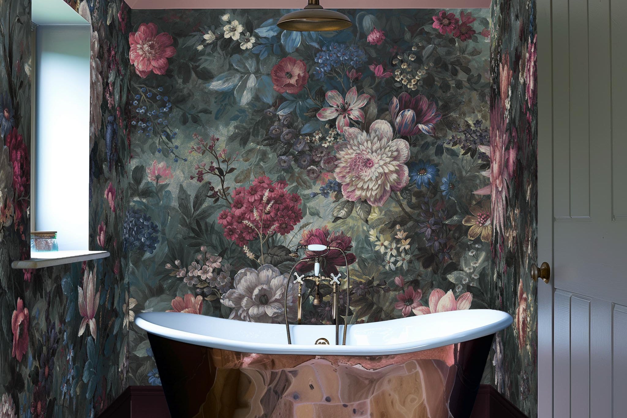 An interior bathroom featuring a panoramic vinyl wallpaper mural of a floral bloom in crimson and blue.