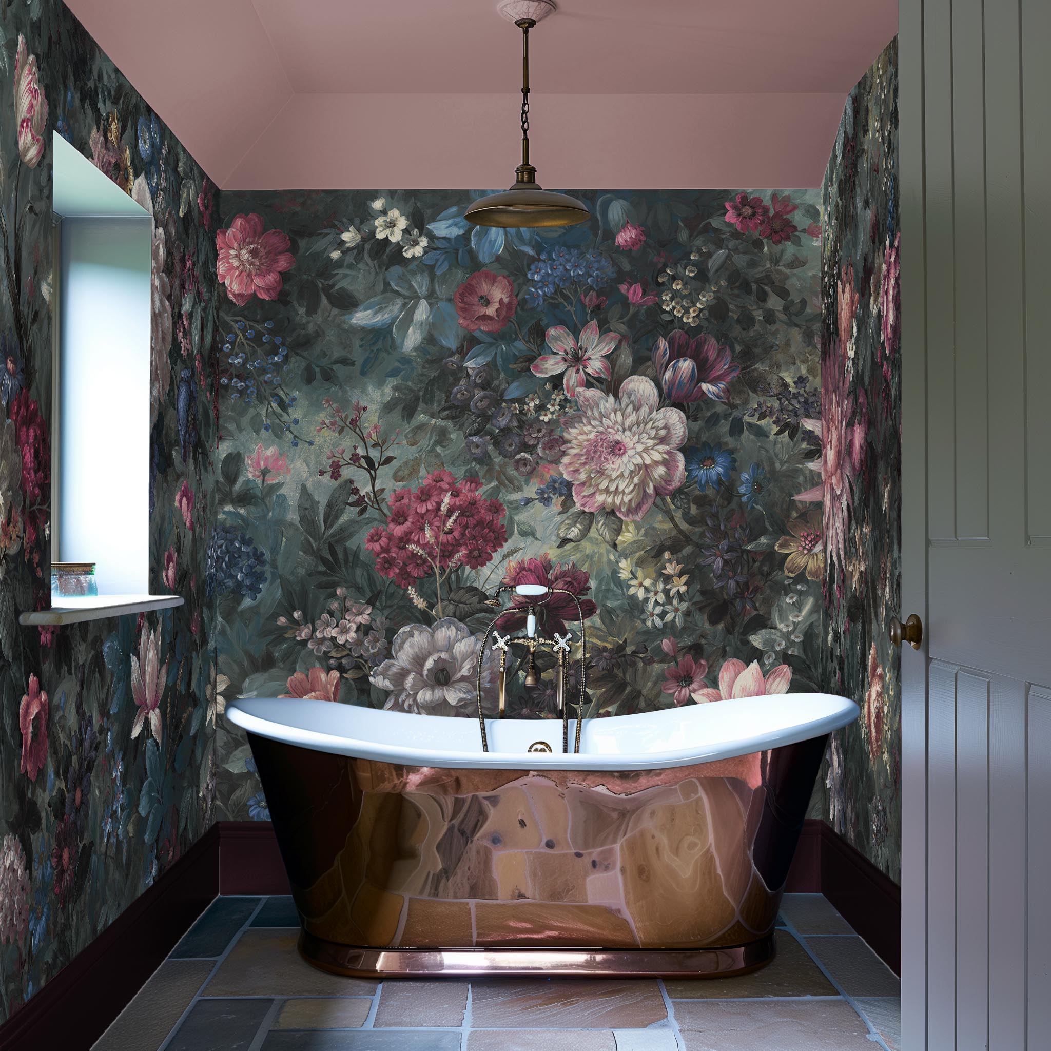 An interior bathroom featuring a panoramic vinyl wallpaper mural of a floral bloom in crimson and blue.