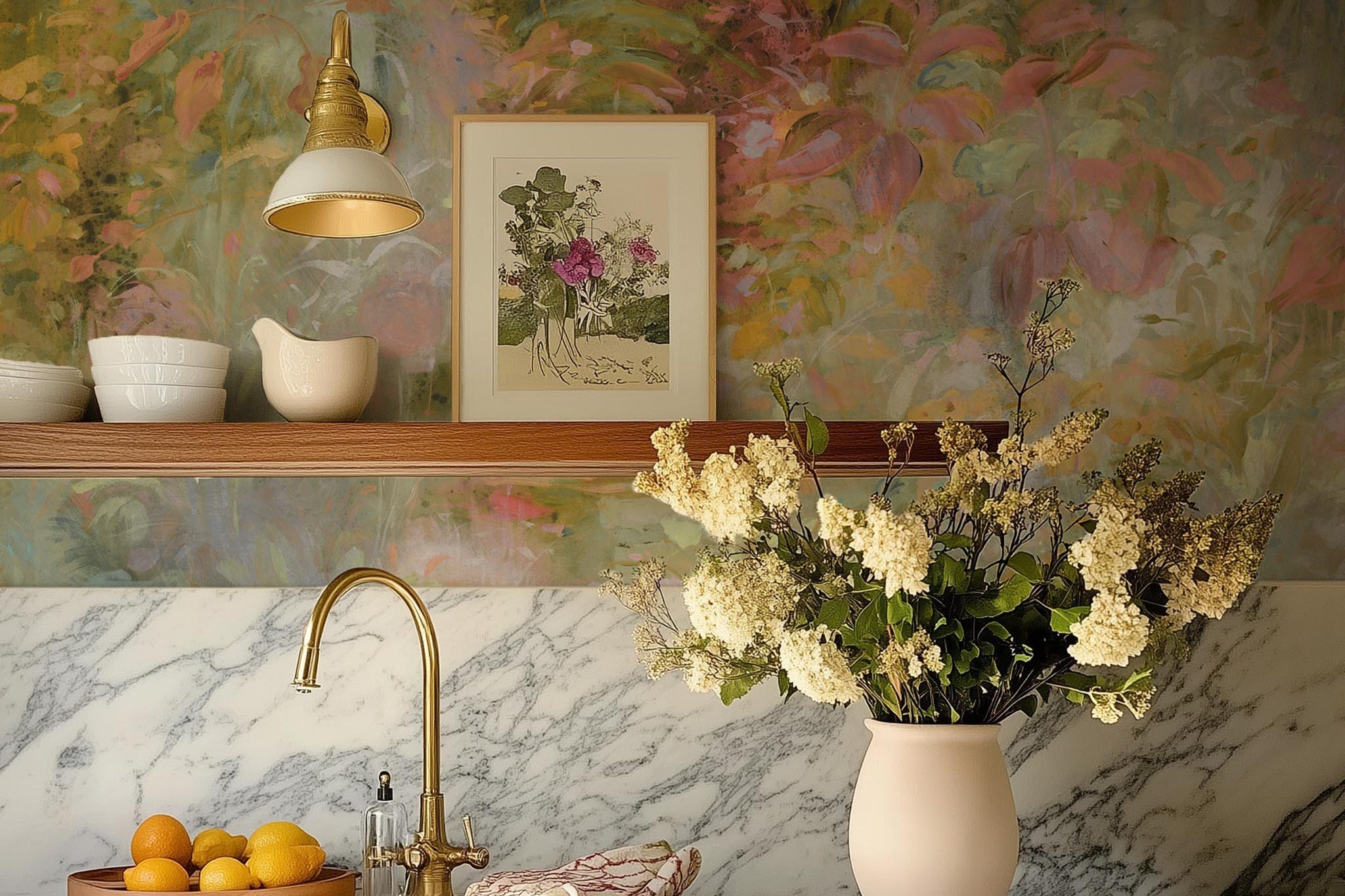A cropped view of kitchen featuring a panoramic vinyl wallpaper mural of a abstract layering of ochre and teal.