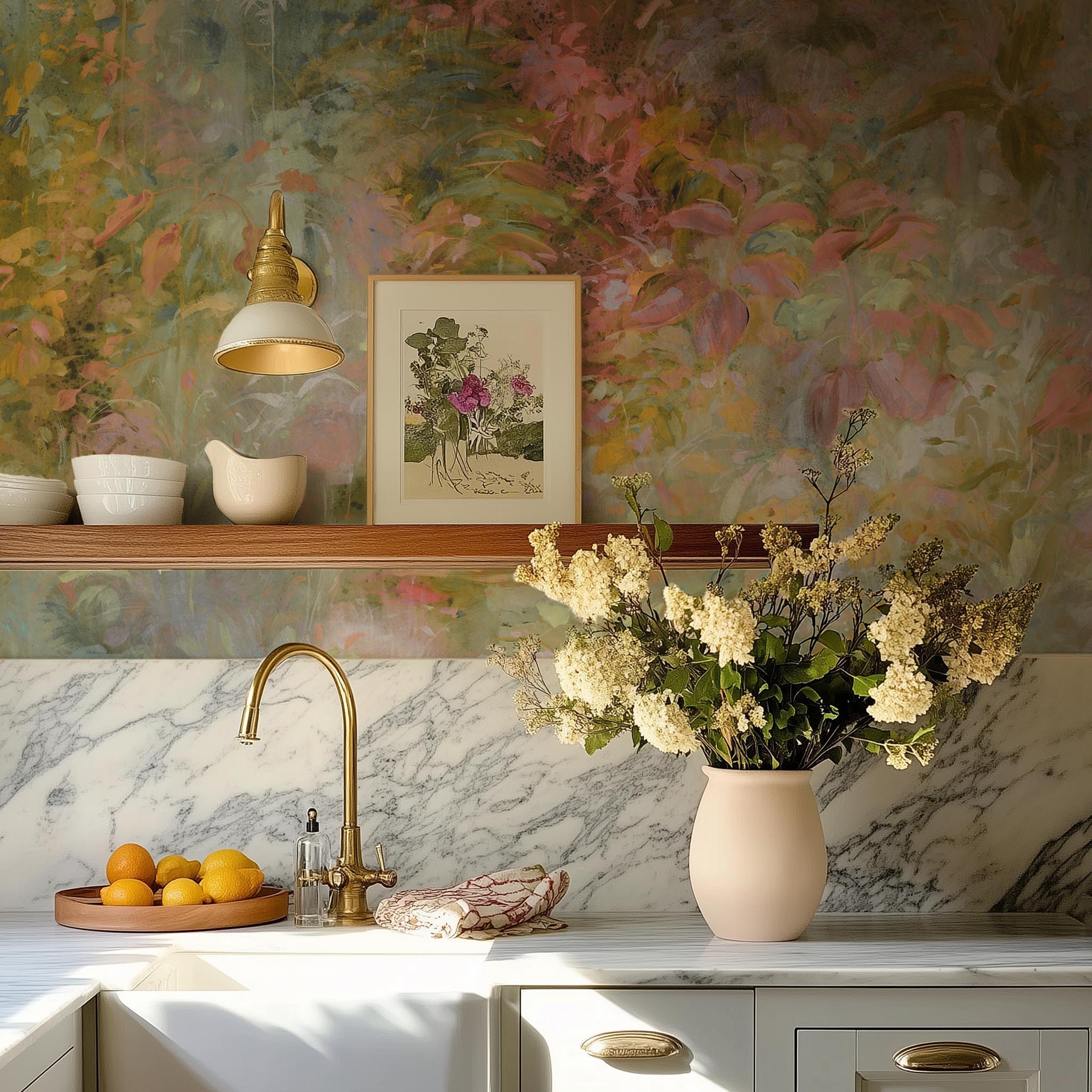 A cropped view of kitchen featuring a panoramic vinyl wallpaper mural of a abstract layering of ochre and teal.