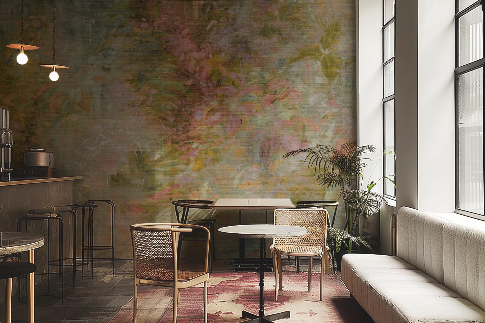 An interior restaurant featuring a panoramic grasscloth wallpaper mural of a abstract layering of ochre and teal.