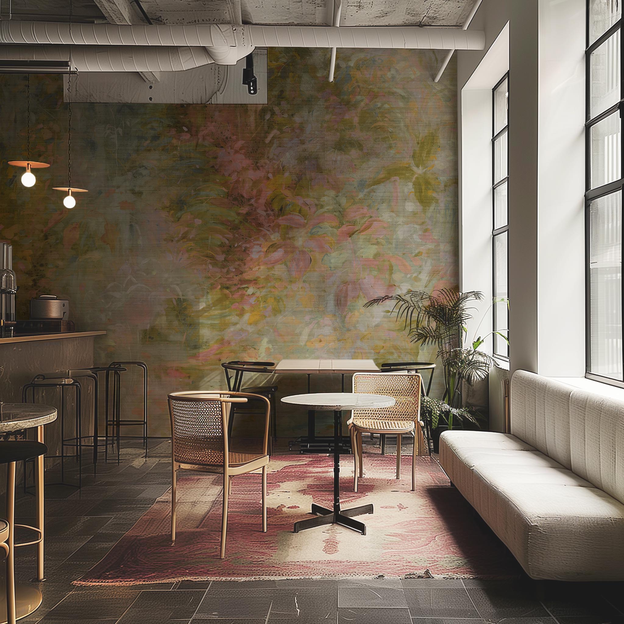 An interior restaurant featuring a panoramic grasscloth wallpaper mural of a abstract layering of ochre and teal.