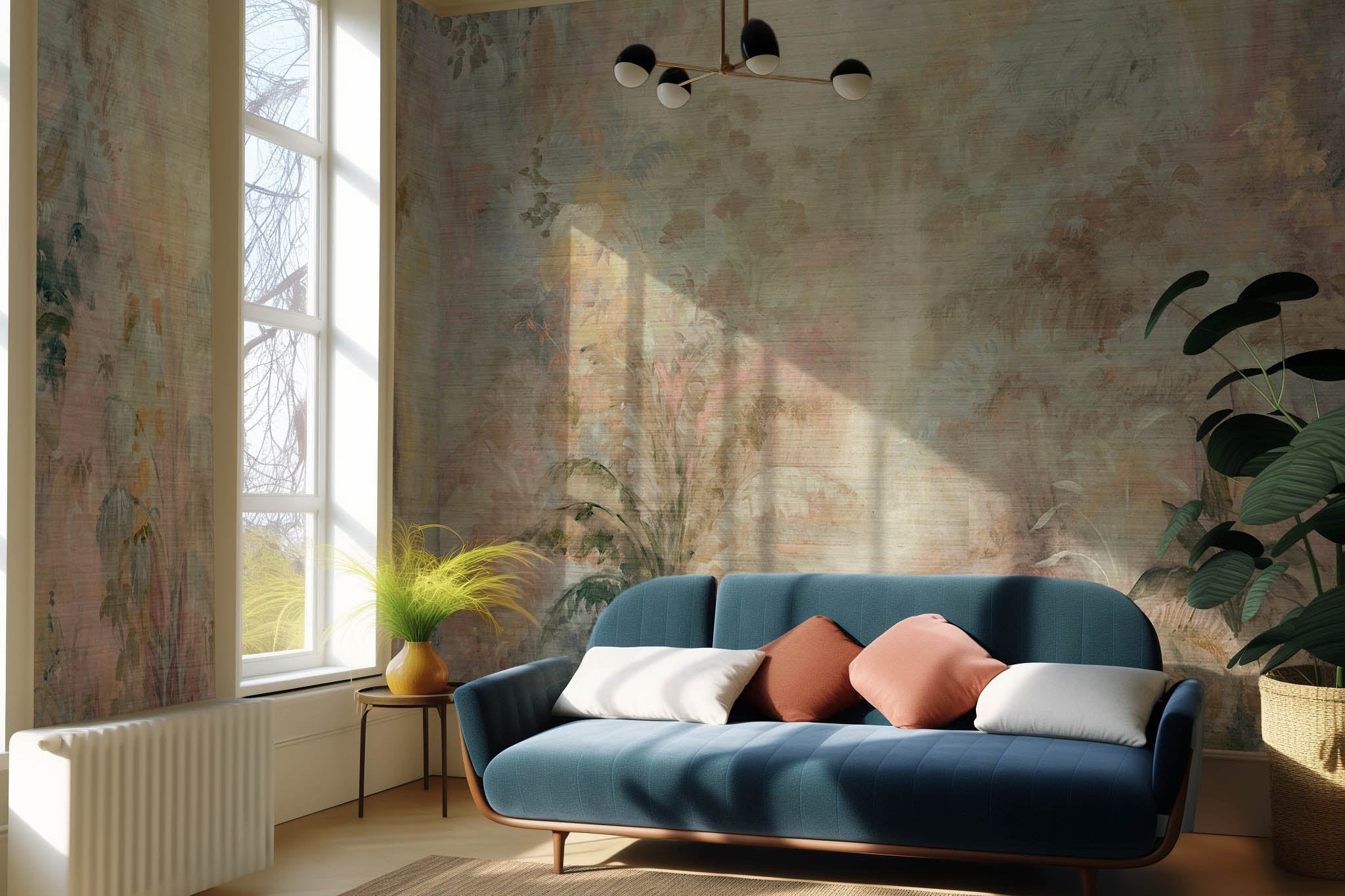 An interior living room featuring a panoramic grasscloth wallpaper mural of a rainforest in blush and sky blue.