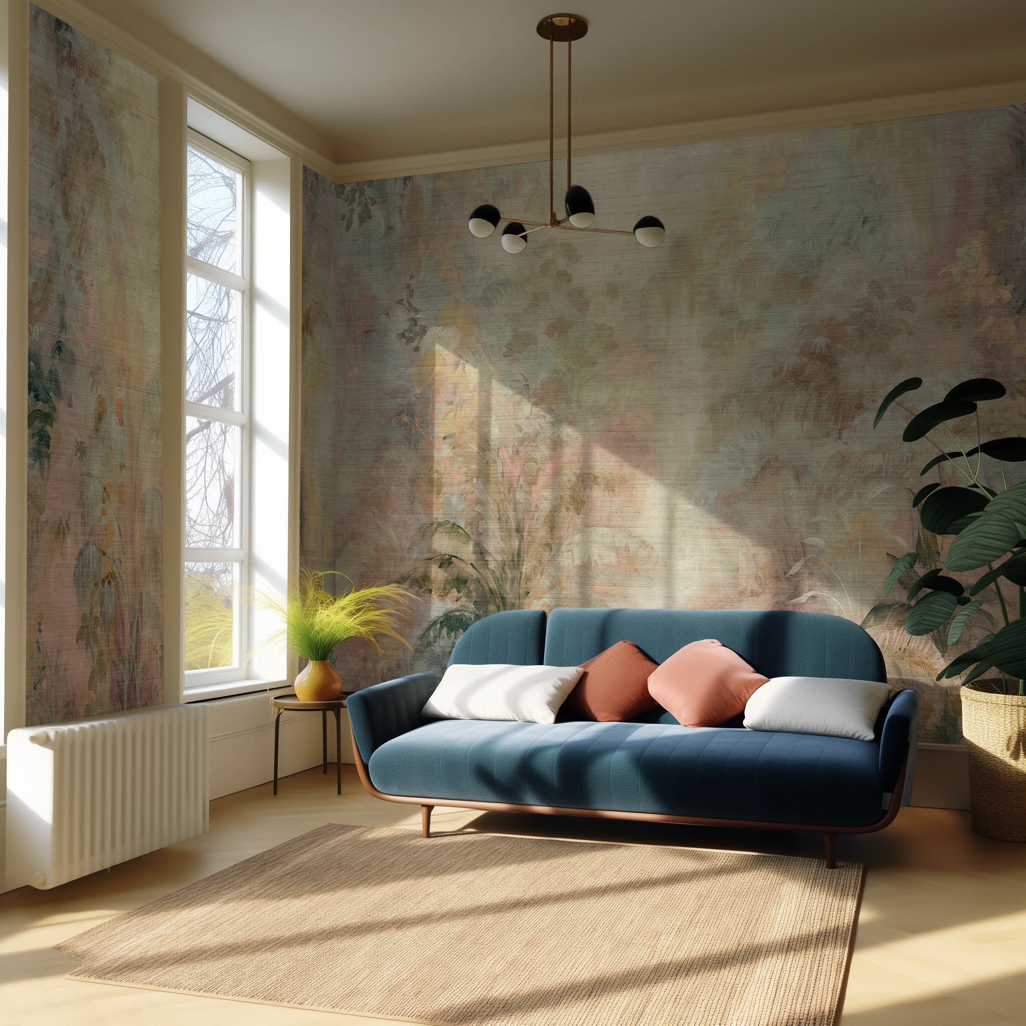 An interior living room featuring a panoramic grasscloth wallpaper mural of a rainforest in blush and sky blue.