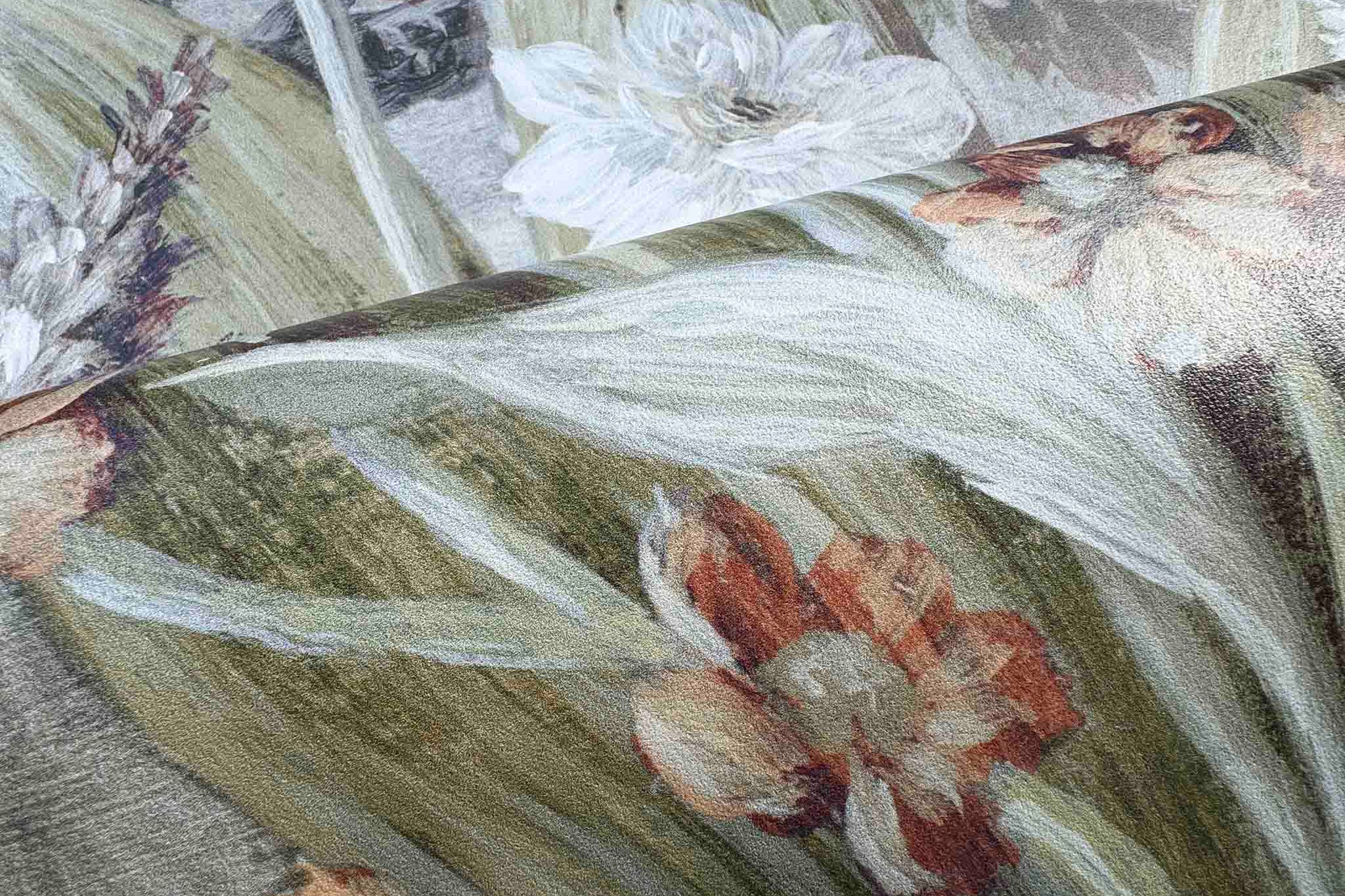 Close-up of a hand-painted floral mural on featuring soft pinks, greens, and muted pewter tones on a soft background.