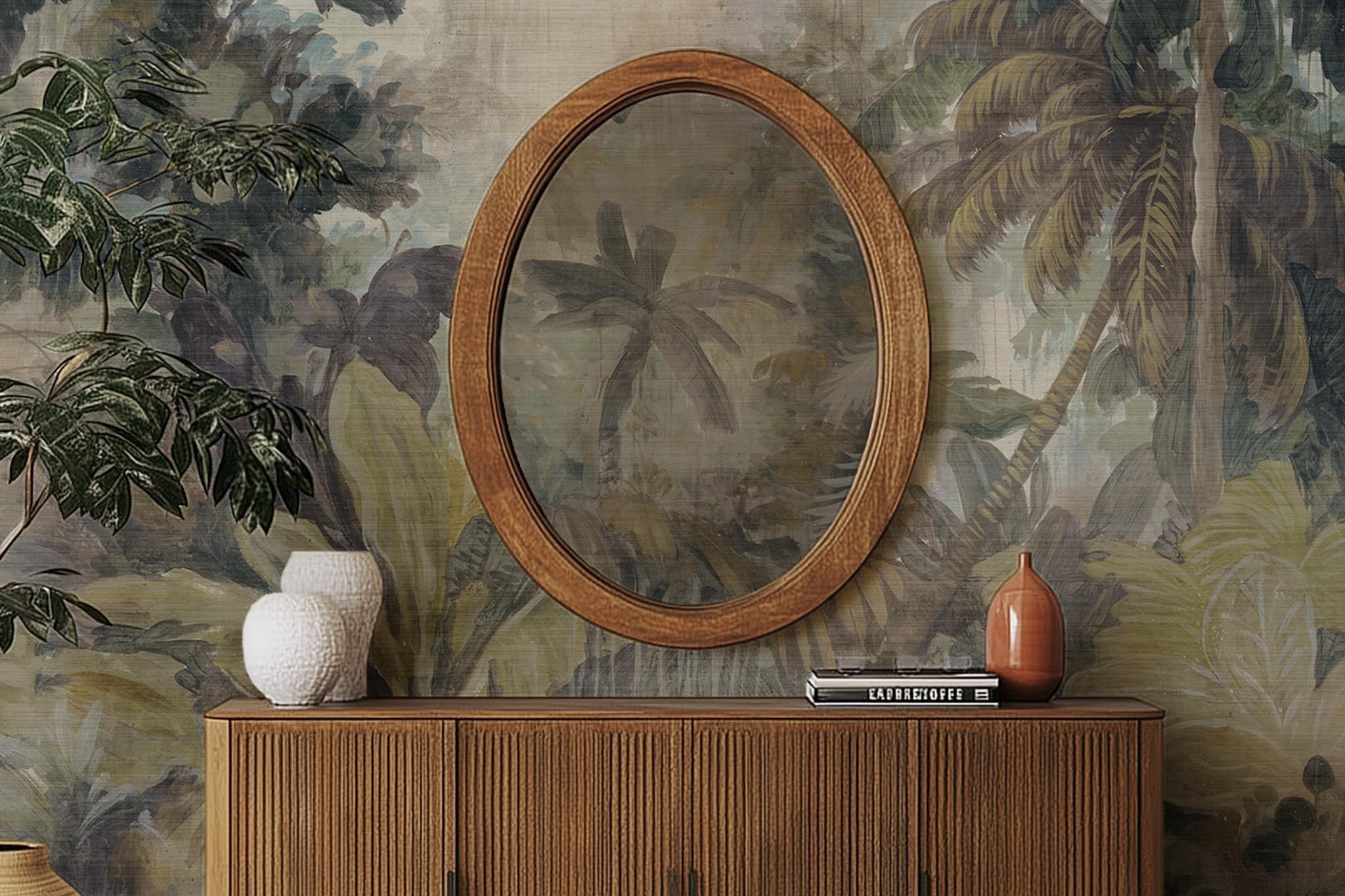 A cropped view of hallway featuring a panoramic grasscloth wallpaper mural of a tropical scene in sage and parchment.