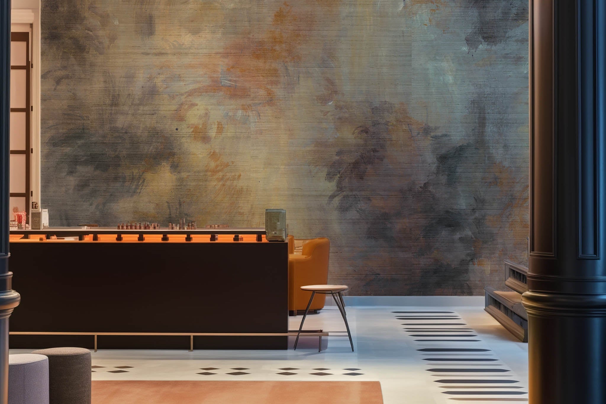 An interior lobby area featuring a panoramic grasscloth wallpaper mural of an abstract haze in charcoal and ash.