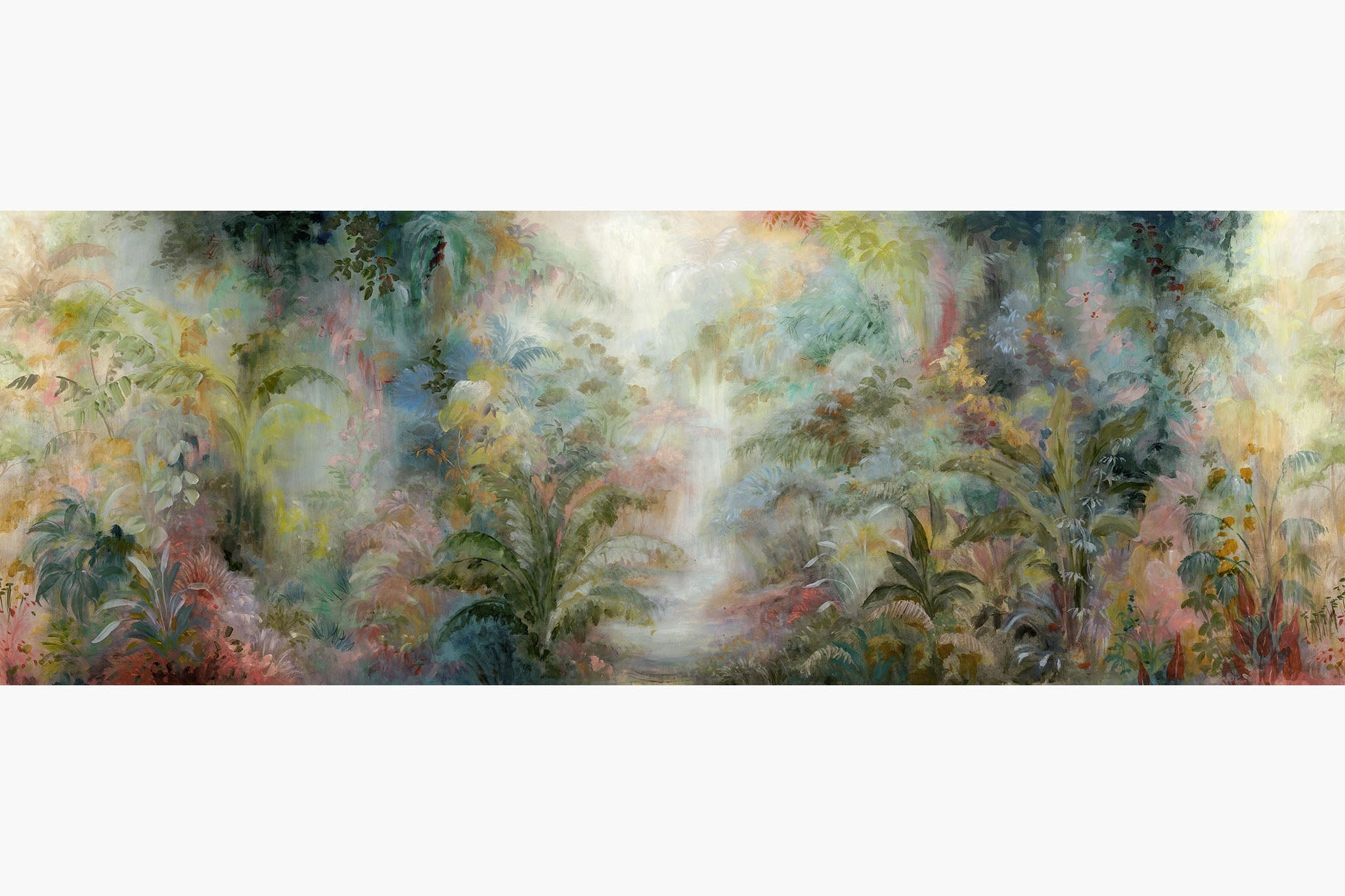 Artwork of a panoramic wallpaper mural featuring a lush rainforest scene with vibrant greens, soft corals, and golden light.