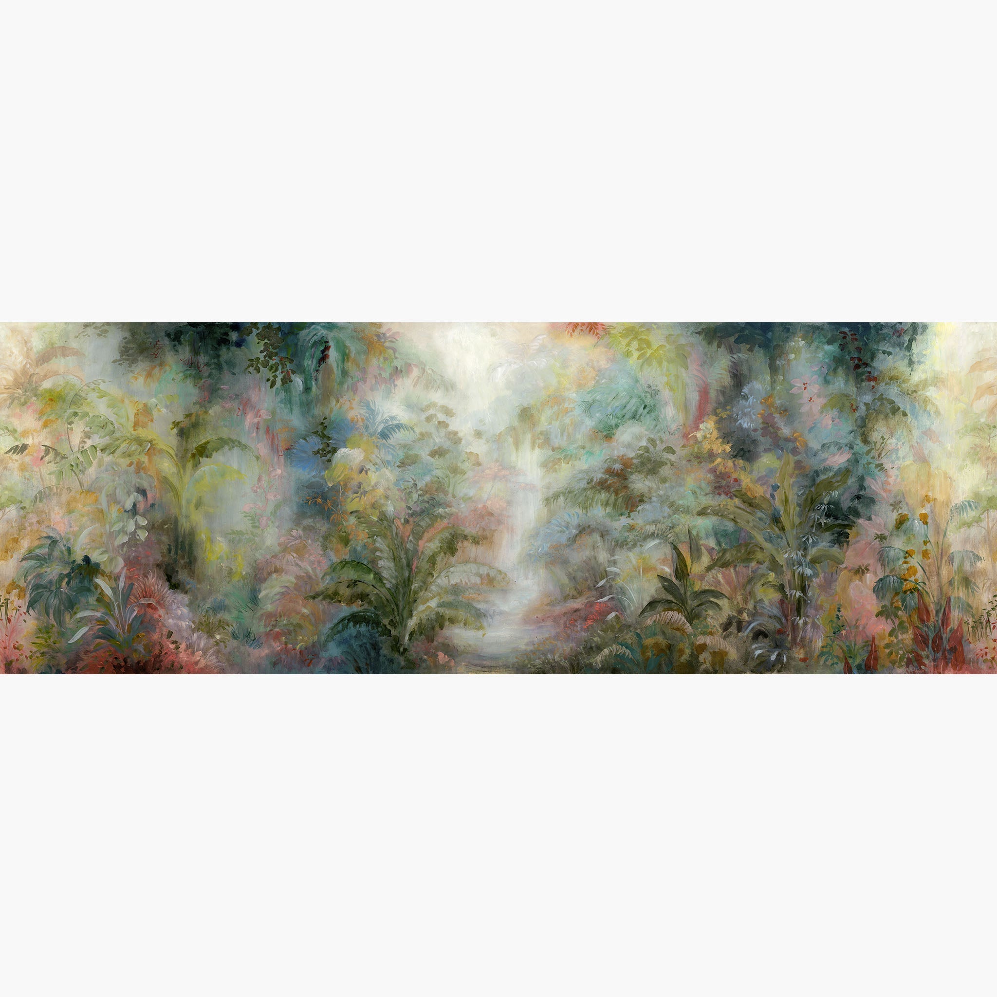 Artwork of a panoramic wallpaper mural featuring a lush rainforest scene with vibrant greens, soft corals, and golden light.