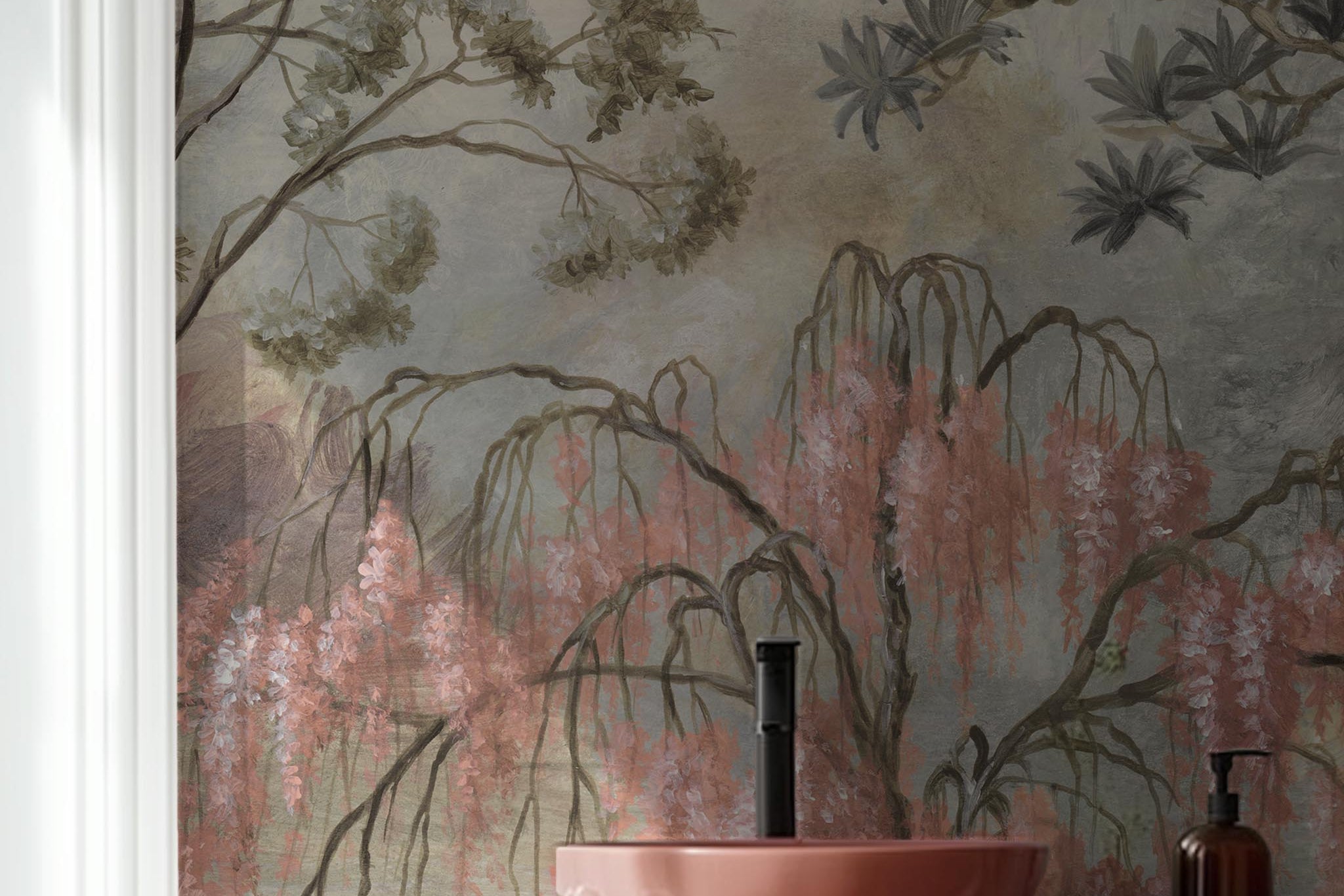 A cropped view of bathroom featuring a panoramic vinyl wallpaper mural of a lakeside scene in vintage tones.