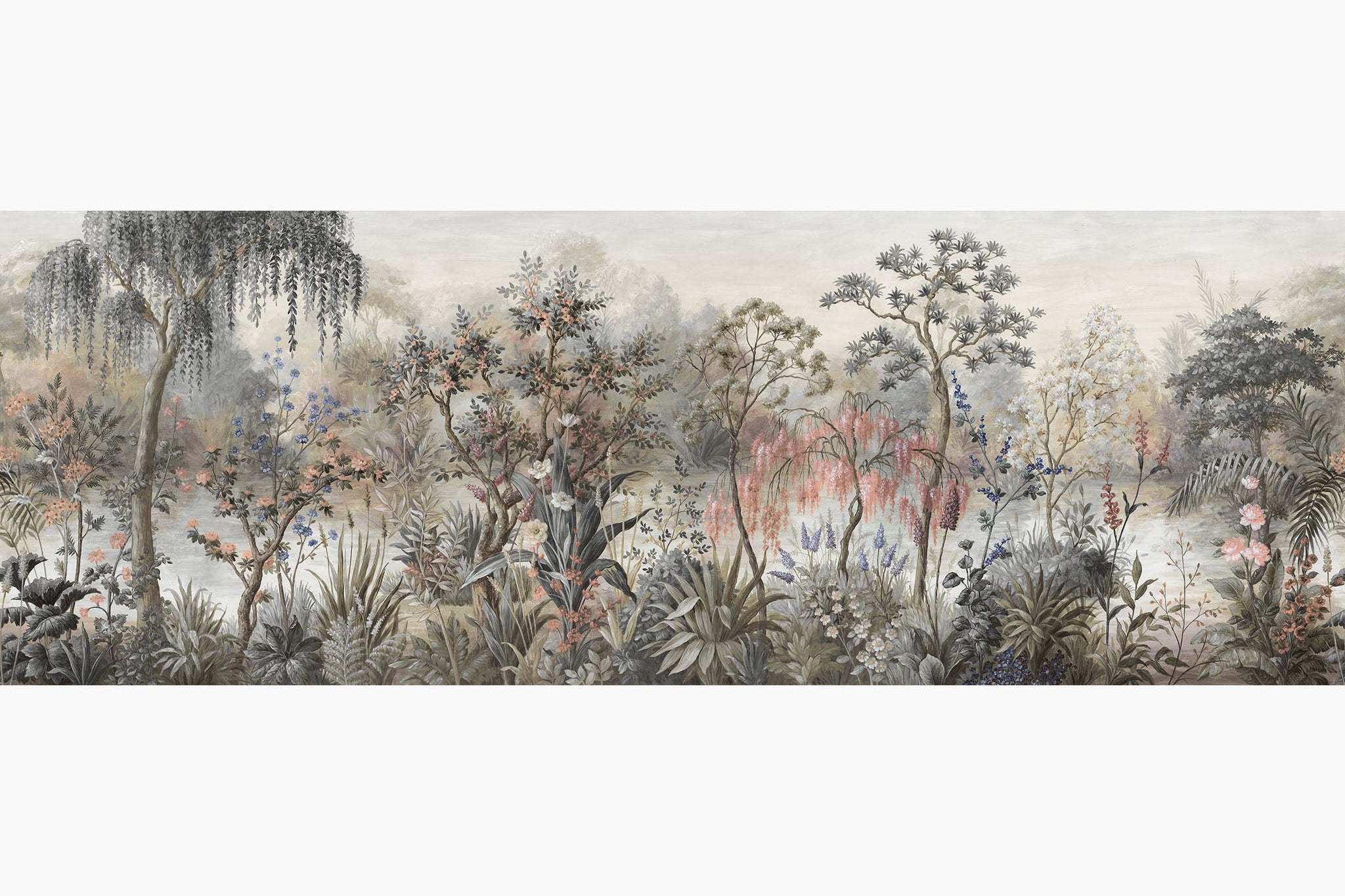 Artwork of a panoramic wallpaper mural featuring a serene botanical scene with dusky blues, coral pinks, and soft greys.