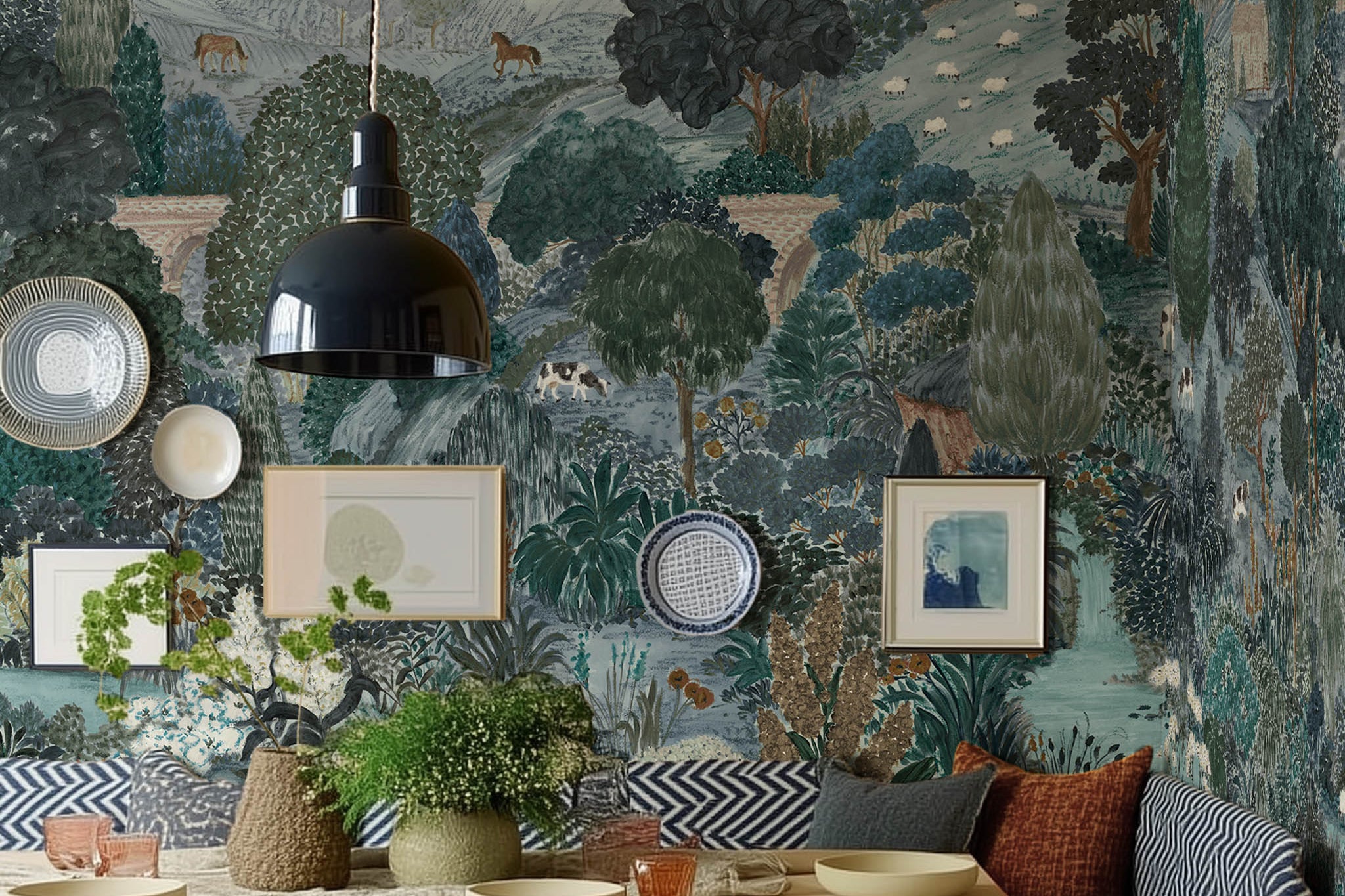 A view of a dining room featuring a panoramic matte wallpaper mural of teal, sea green, and slate countryside scene