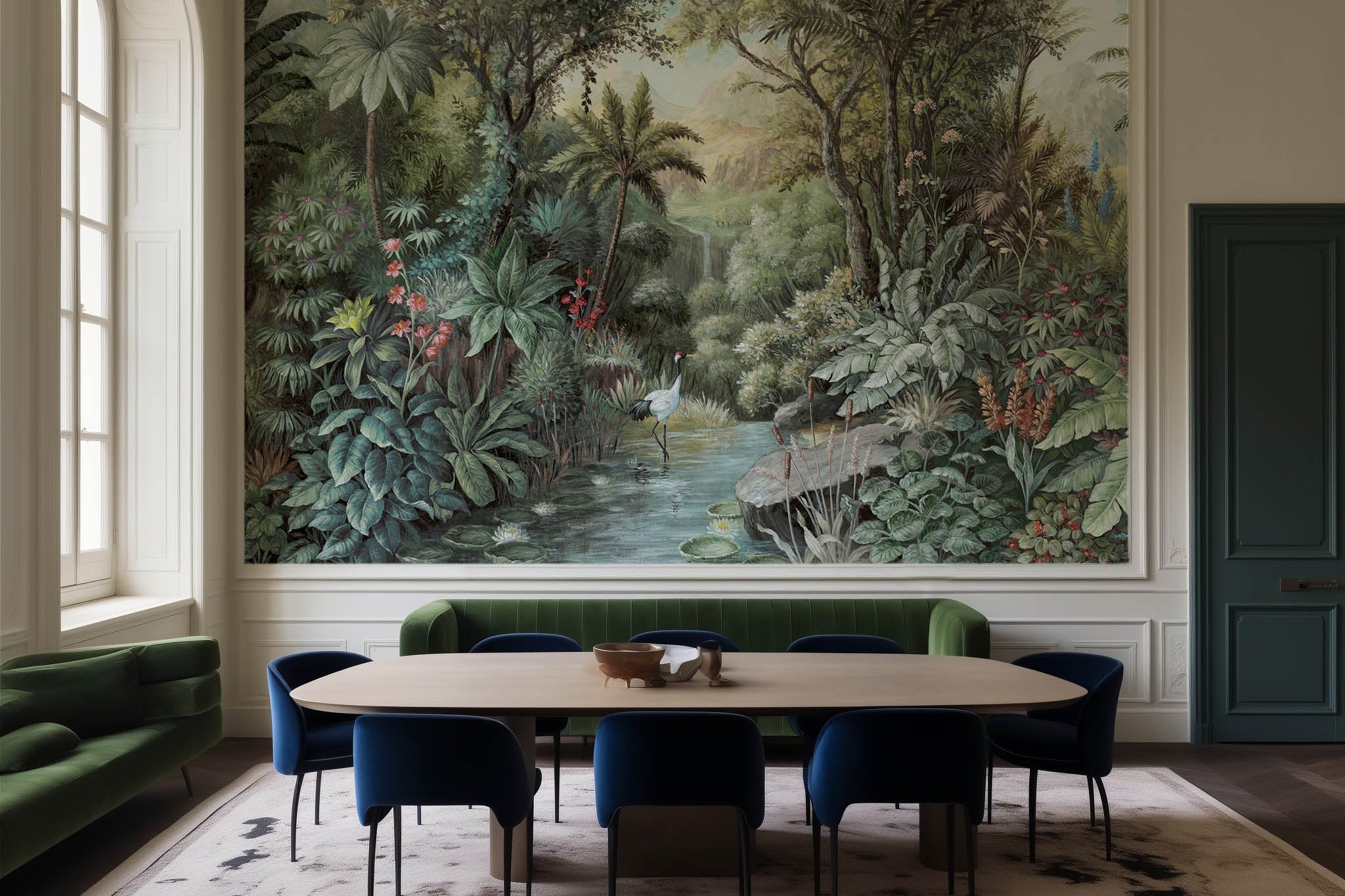 An interior dining room featuring a panoramic matte wallpaper mural of a tropical scene in green and pink.