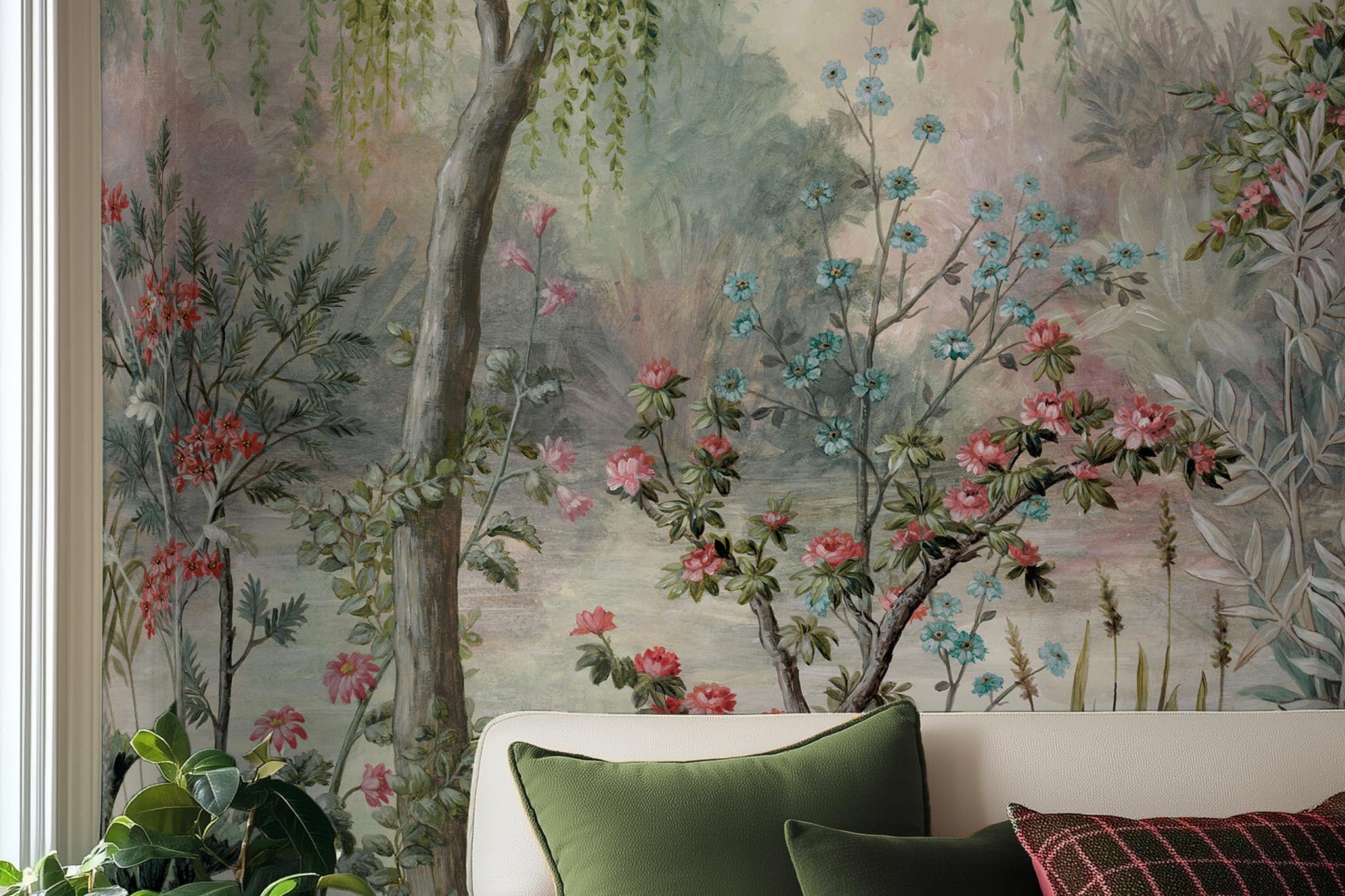 A cropped view of living room featuring a panoramic matte wallpaper mural of a lakeside garden scene in mint and pink.