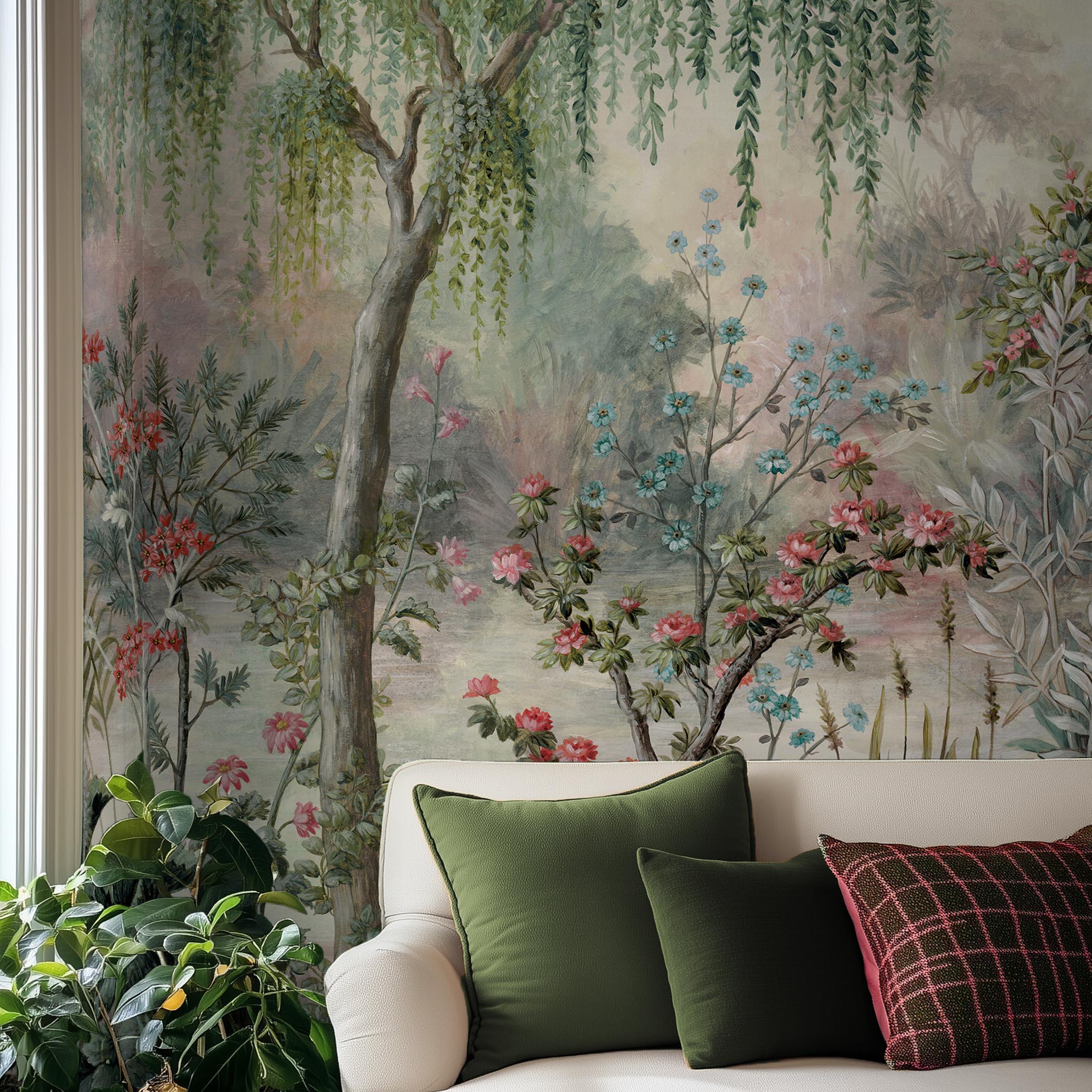 A cropped view of living room featuring a panoramic matte wallpaper mural of a lakeside garden scene in mint and pink.